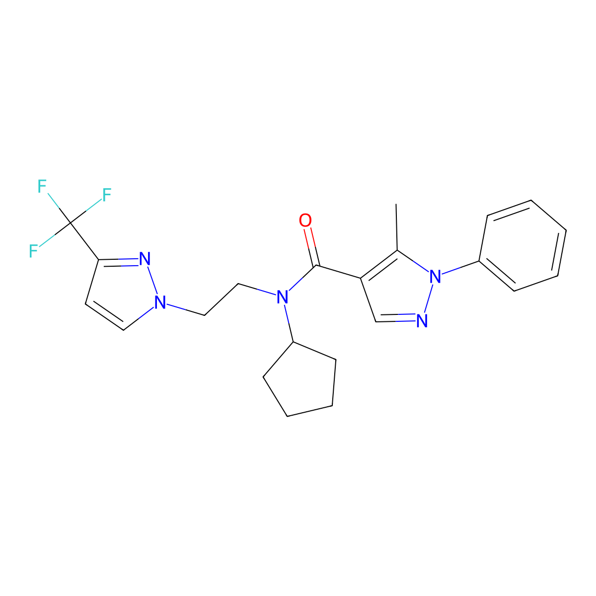 N-cyclopentyl-5-methyl-1-phenyl-N-(2-(3-(trifluoromethyl)-1H-pyrazol-1-yl)ethyl)-1H-pyrazole-4-carboxamide molecular structure, CAS 2034418-41-0
