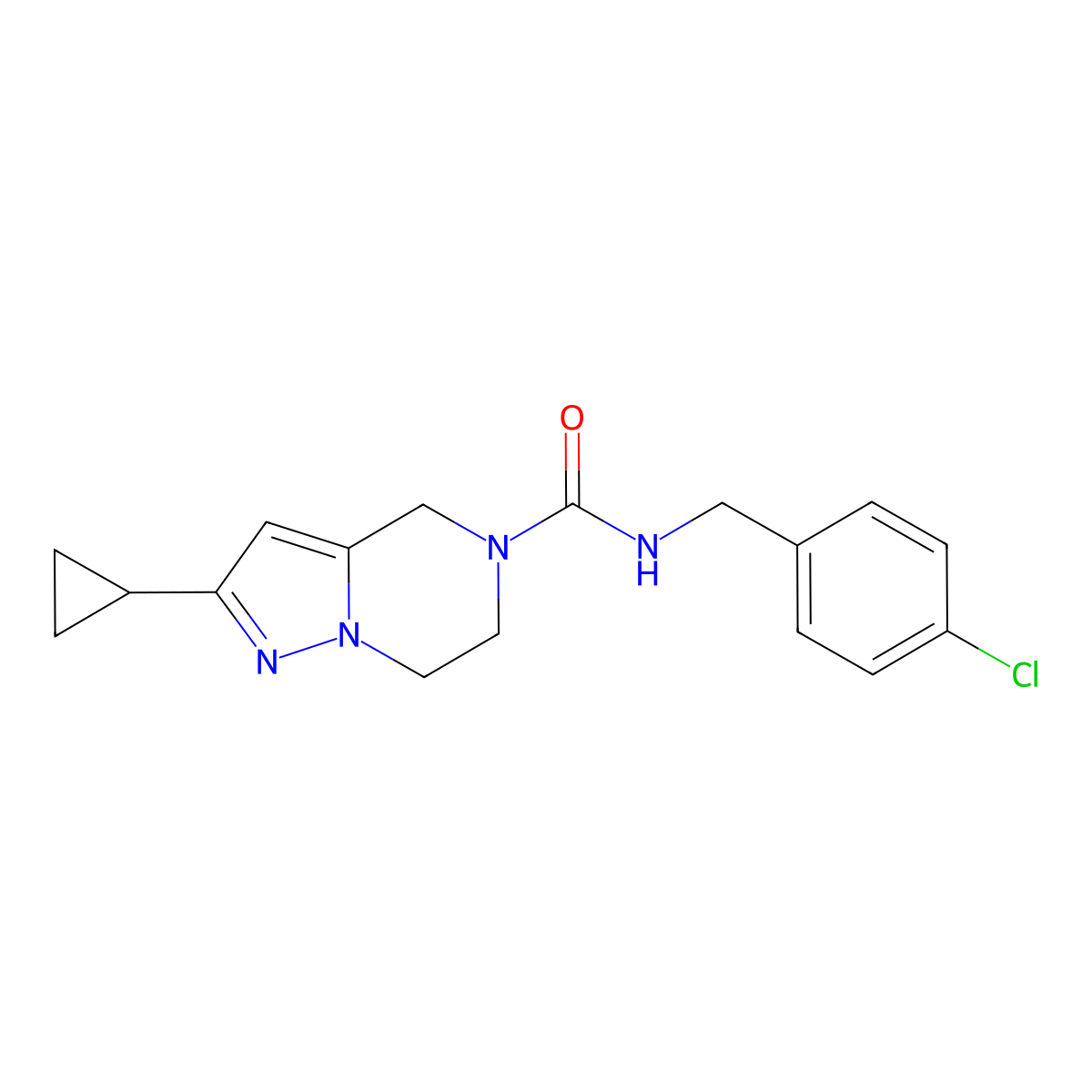 N-(4-chlorobenzyl)-2-cyclopropyl-6,7-dihydropyrazolo[1,5-a]pyrazine-5(4H)-carboxamide molecular structure, CAS 2034418-69-2