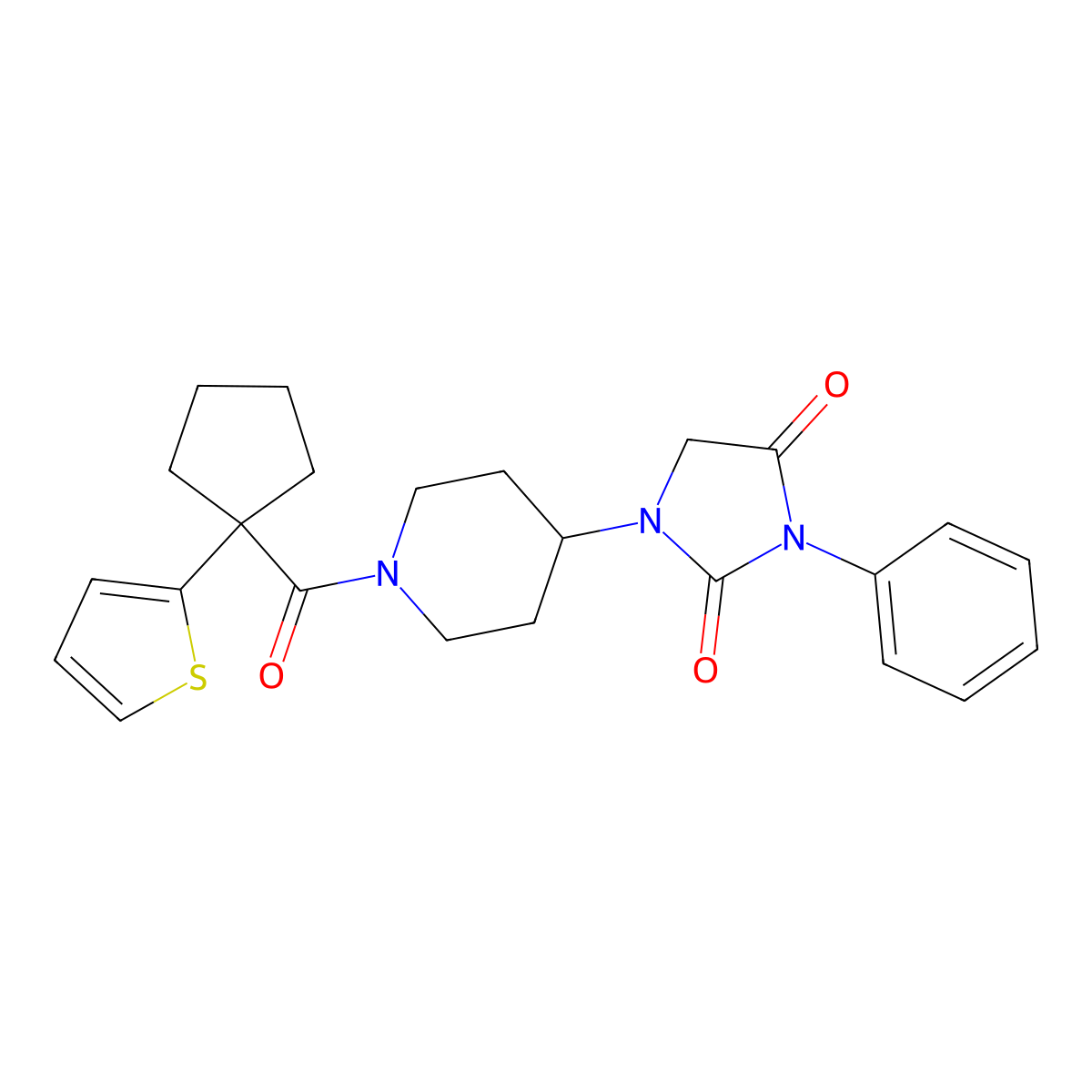 3-Phenyl-1-(1-(1-(thiophen-2-yl)cyclopentanecarbonyl)piperidin-4-yl)imidazolidine-2,4-dione molecular structure, CAS 2034418-76-1