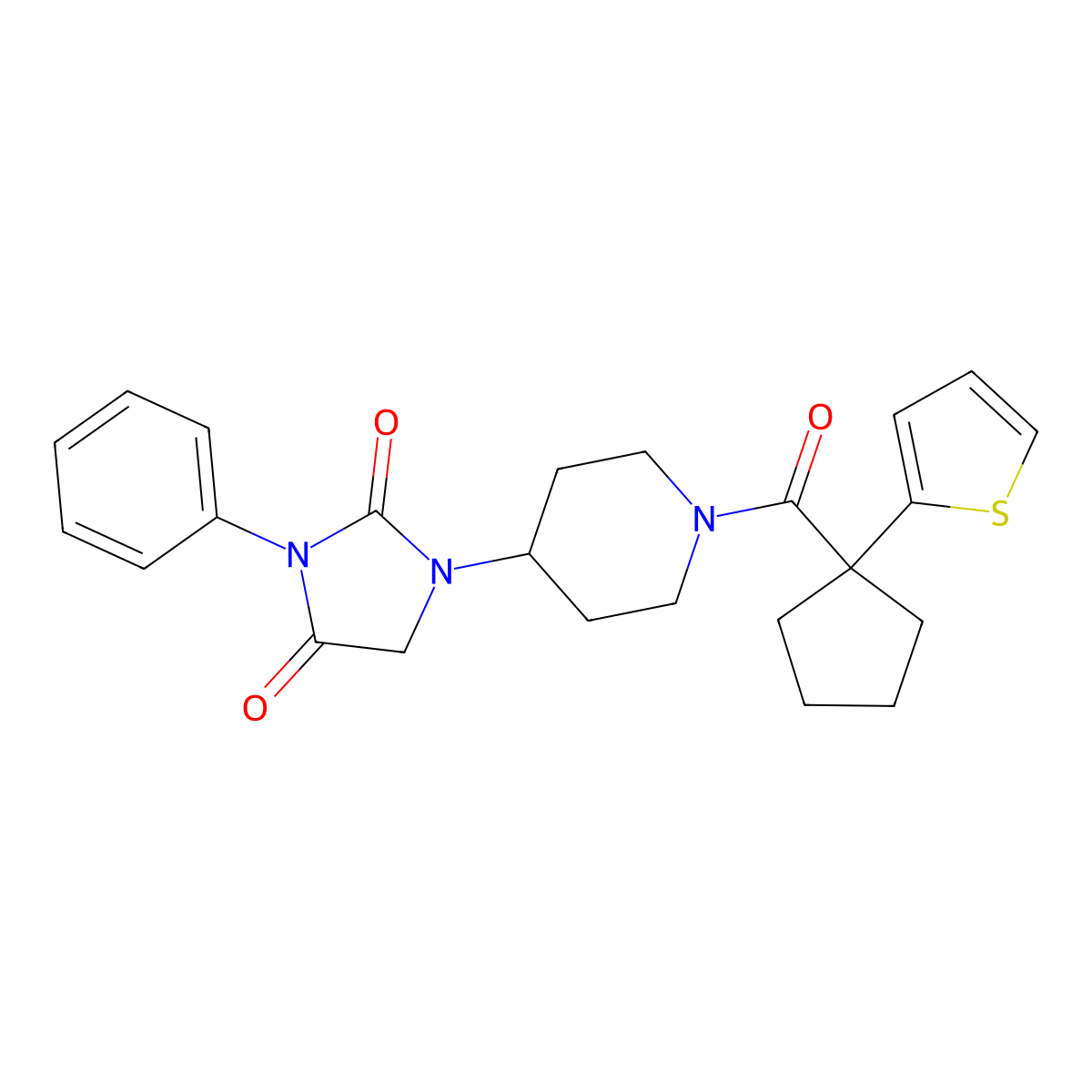 3-Phenyl-1-(1-(1-(thiophen-2-yl)cyclopentanecarbonyl)piperidin-4-yl)imidazolidine-2,4-dione molecular structure, CAS 2034418-76-1
