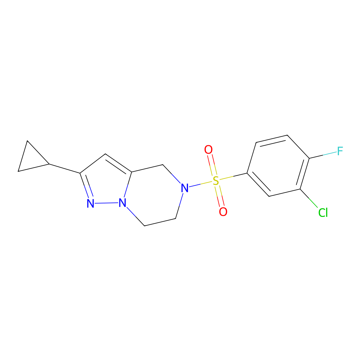 5-((3-Chloro-4-fluorophenyl)sulfonyl)-2-cyclopropyl-4,5,6,7-tetrahydropyrazolo[1,5-a]pyrazine molecular structure, CAS 2034418-87-4