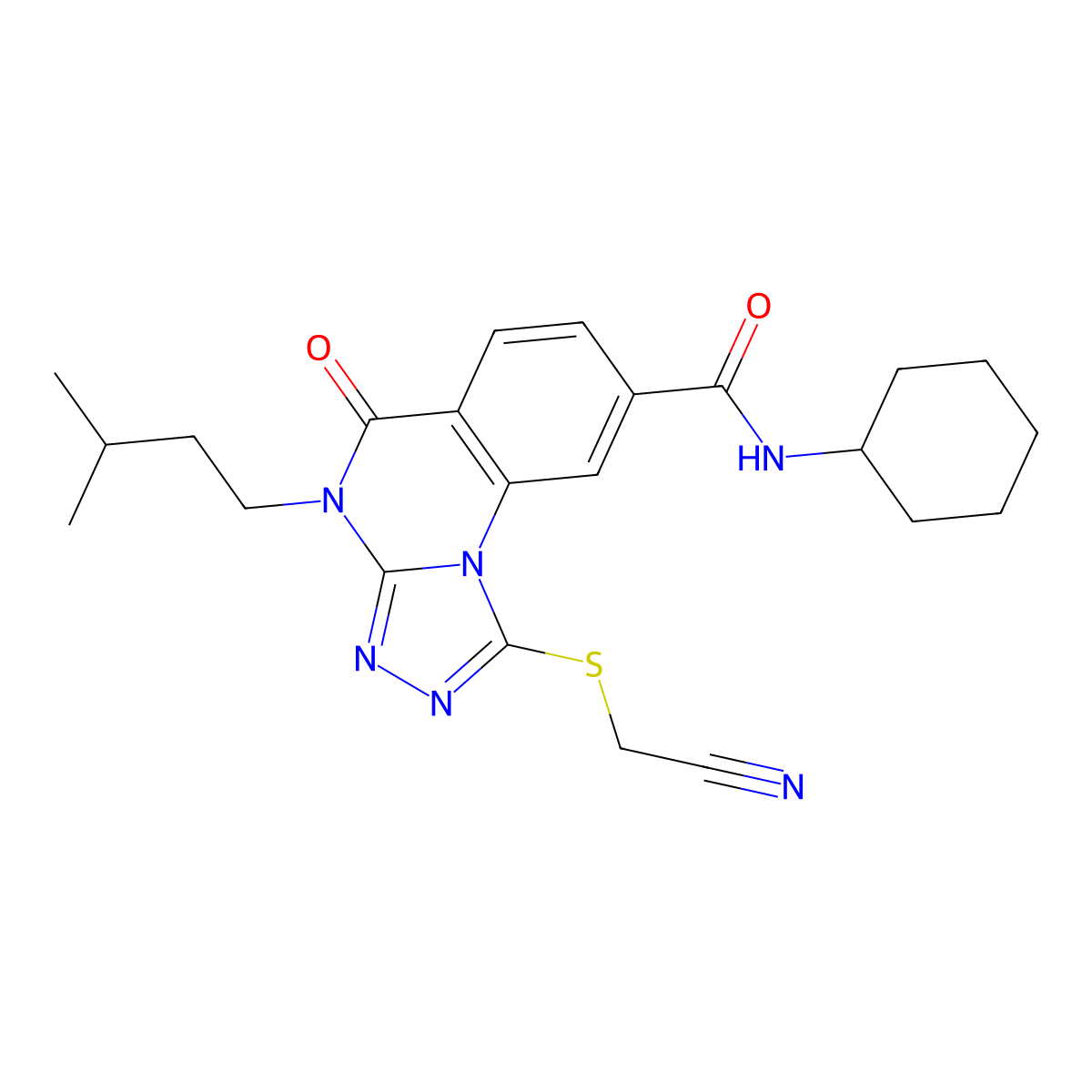 1-((cyanomethyl)thio)-N-cyclohexyl-4-isopentyl-5-oxo-4,5-dihydro-[1,2,4]triazolo[4,3-a]quinazoline-8-carboxamide molecular structure, CAS 2034419-10-6