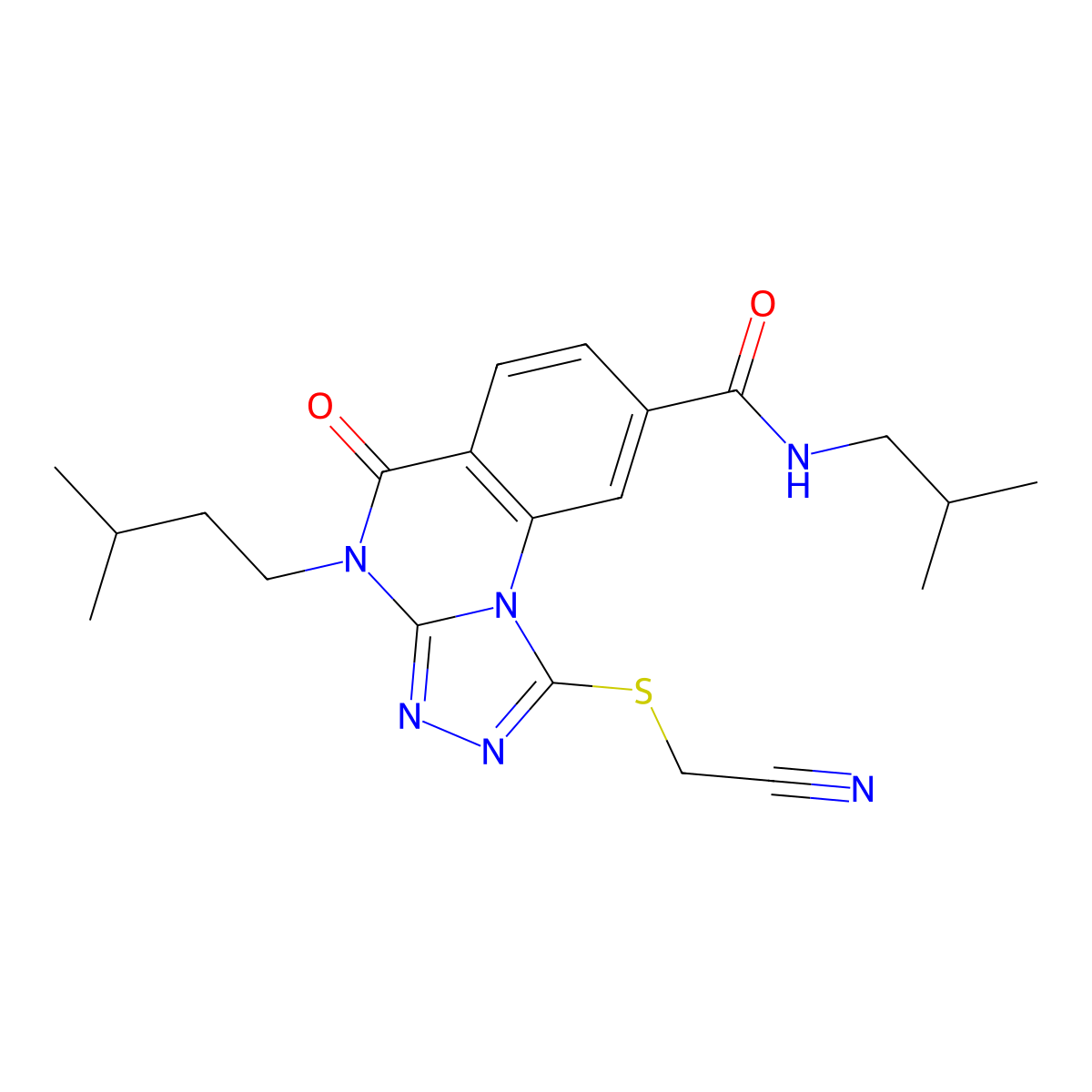 1-((cyanomethyl)thio)-N-isobutyl-4-isopentyl-5-oxo-4,5-dihydro-[1,2,4]triazolo[4,3-a]quinazoline-8-carboxamide molecular structure, CAS 2034419-14-0