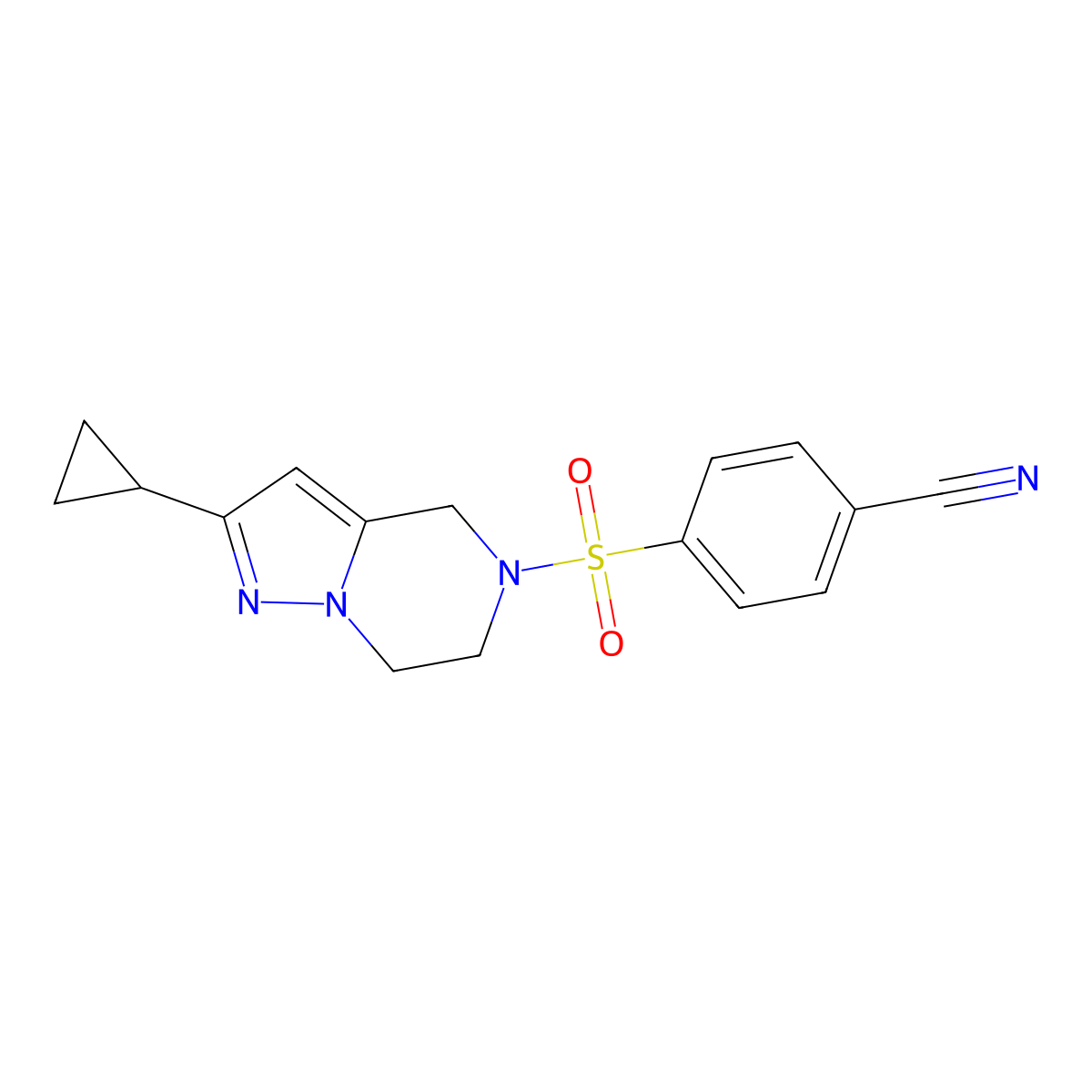 4-((2-cyclopropyl-6,7-dihydropyrazolo[1,5-a]pyrazin-5(4H)-yl)sulfonyl)benzonitrile molecular structure, CAS 2034419-19-5