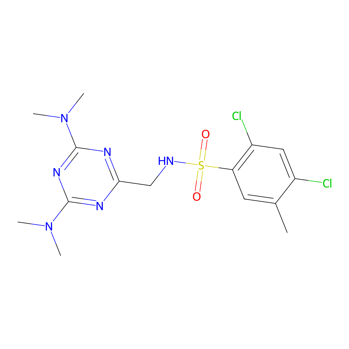 N-((4,6-bis(dimethylamino)-1,3,5-triazin-2-yl)methyl)-2,4-dichloro-5-methylbenzenesulfonamide molecular structure, CAS 2034419-29-7