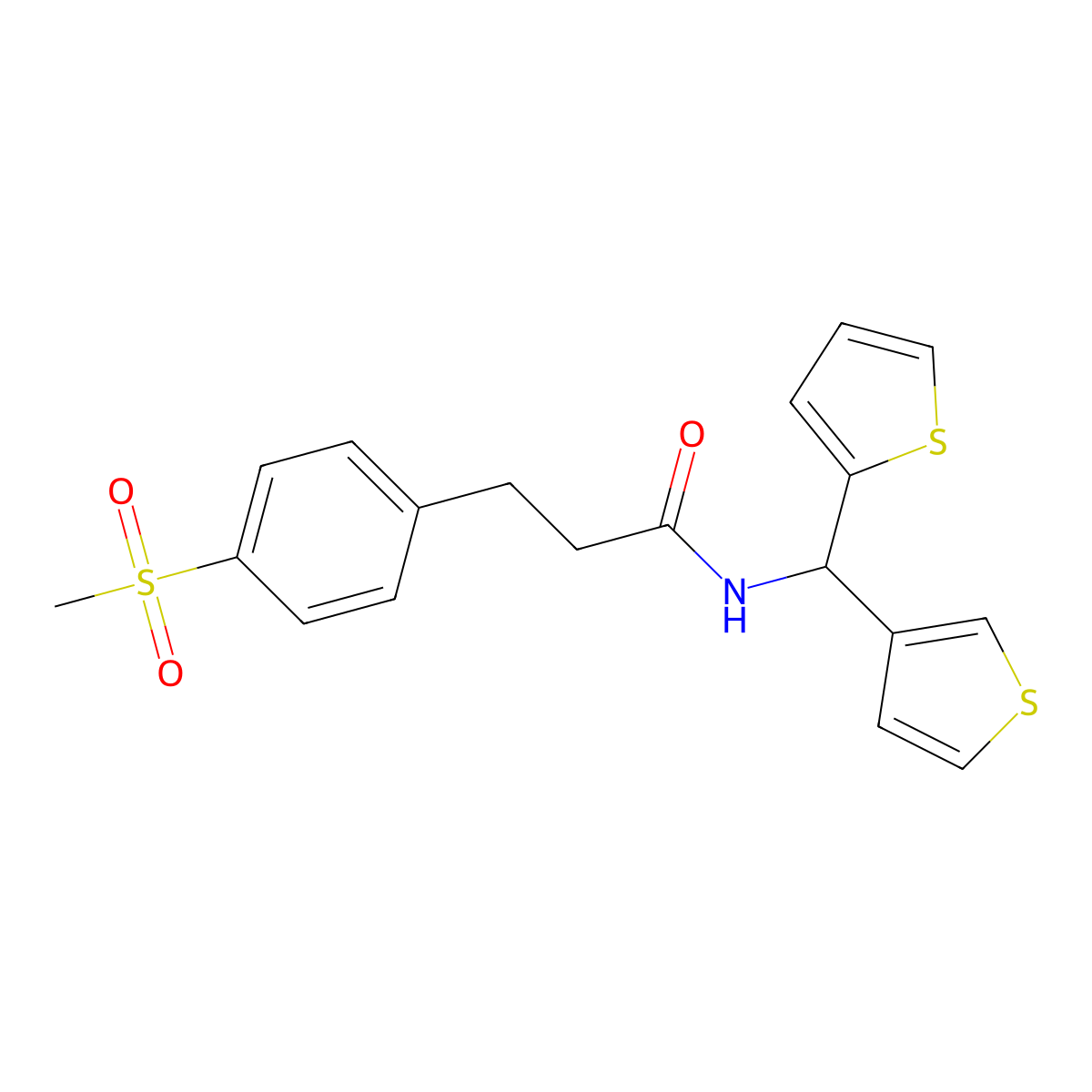 3-(4-(methylsulfonyl)phenyl)-N-(thiophen-2-yl(thiophen-3-yl)methyl)propanamide molecular structure, CAS 2034419-44-6