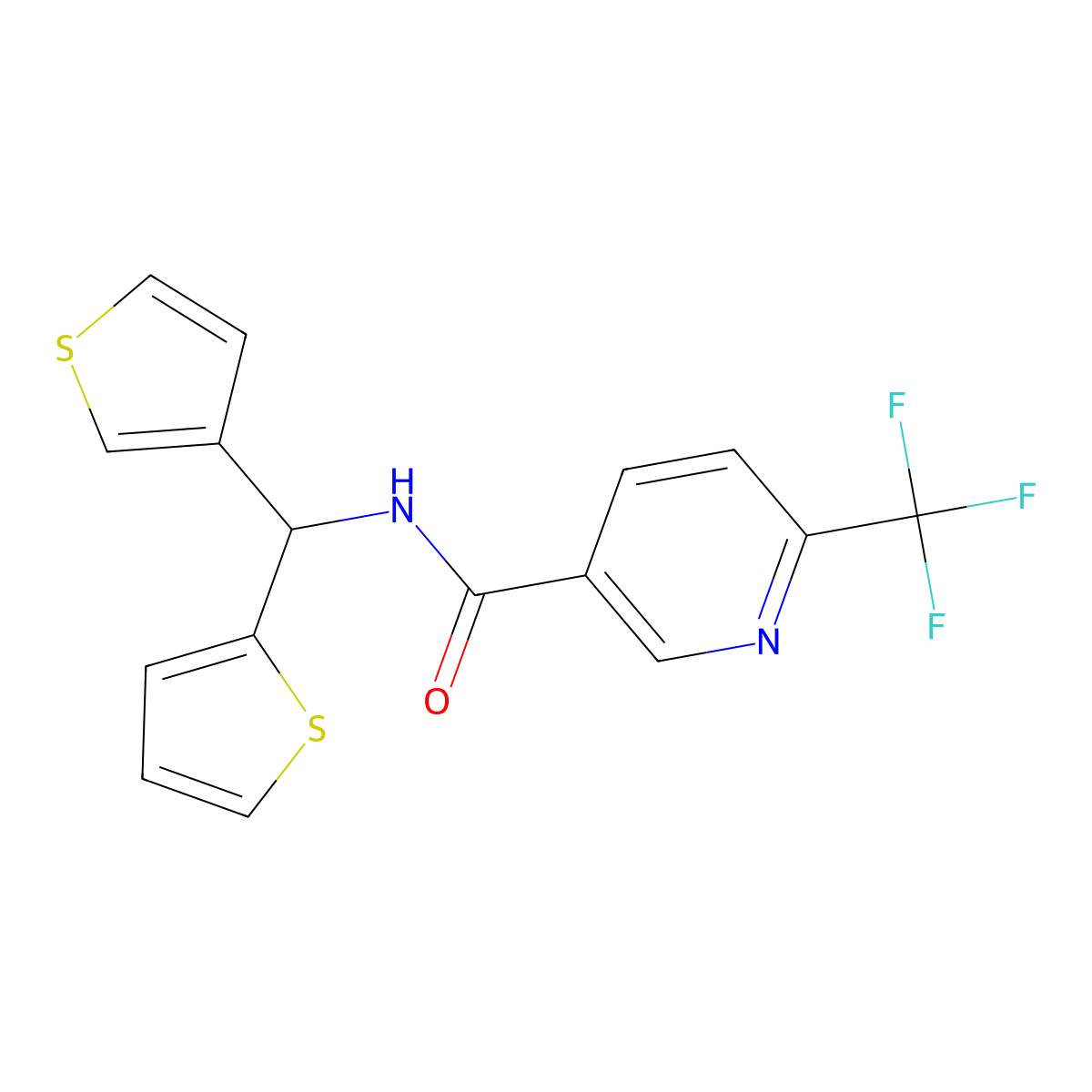 N-(thiophen-2-yl(thiophen-3-yl)methyl)-6-(trifluoromethyl)nicotinamide molecular structure, CAS 2034419-57-1