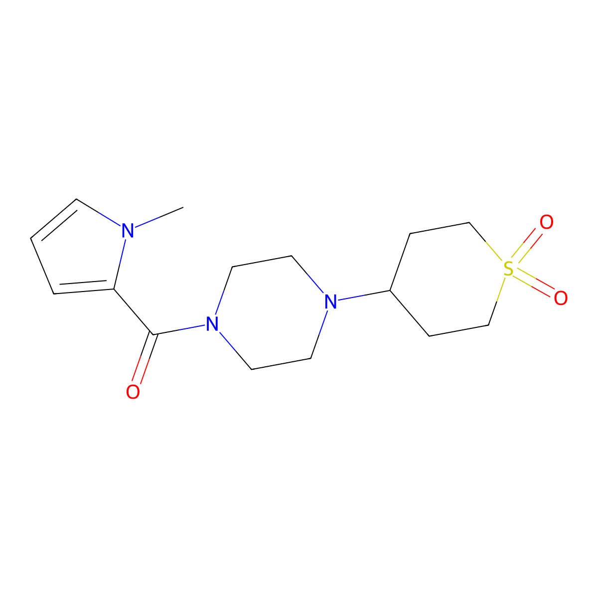 (4-(1,1-dioxidotetrahydro-2H-thiopyran-4-yl)piperazin-1-yl)(1-methyl-1H-pyrrol-2-yl)methanone molecular structure, CAS 2034419-63-9