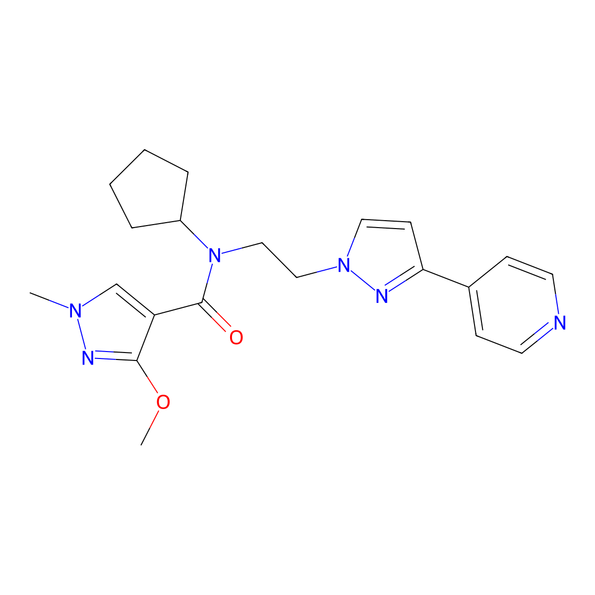 N-cyclopentyl-3-methoxy-1-methyl-N-(2-(3-(pyridin-4-yl)-1H-pyrazol-1-yl)ethyl)-1H-pyrazole-4-carboxamide molecular structure, CAS 2034419-66-2