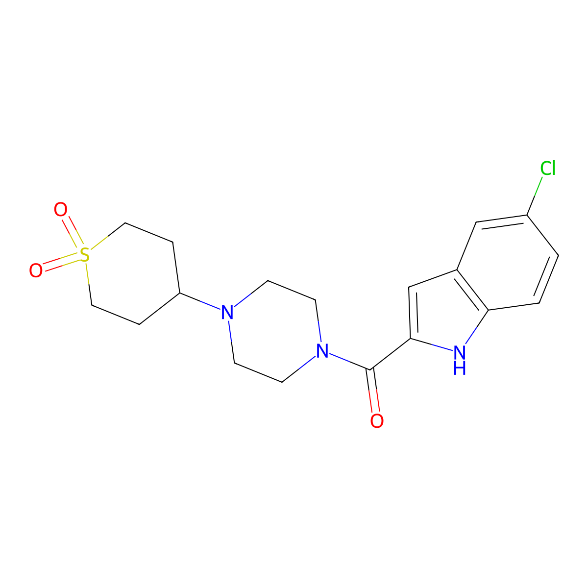 (5-chloro-1H-indol-2-yl)(4-(1,1-dioxidotetrahydro-2H-thiopyran-4-yl)piperazin-1-yl)methanone molecular structure, CAS 2034419-67-3