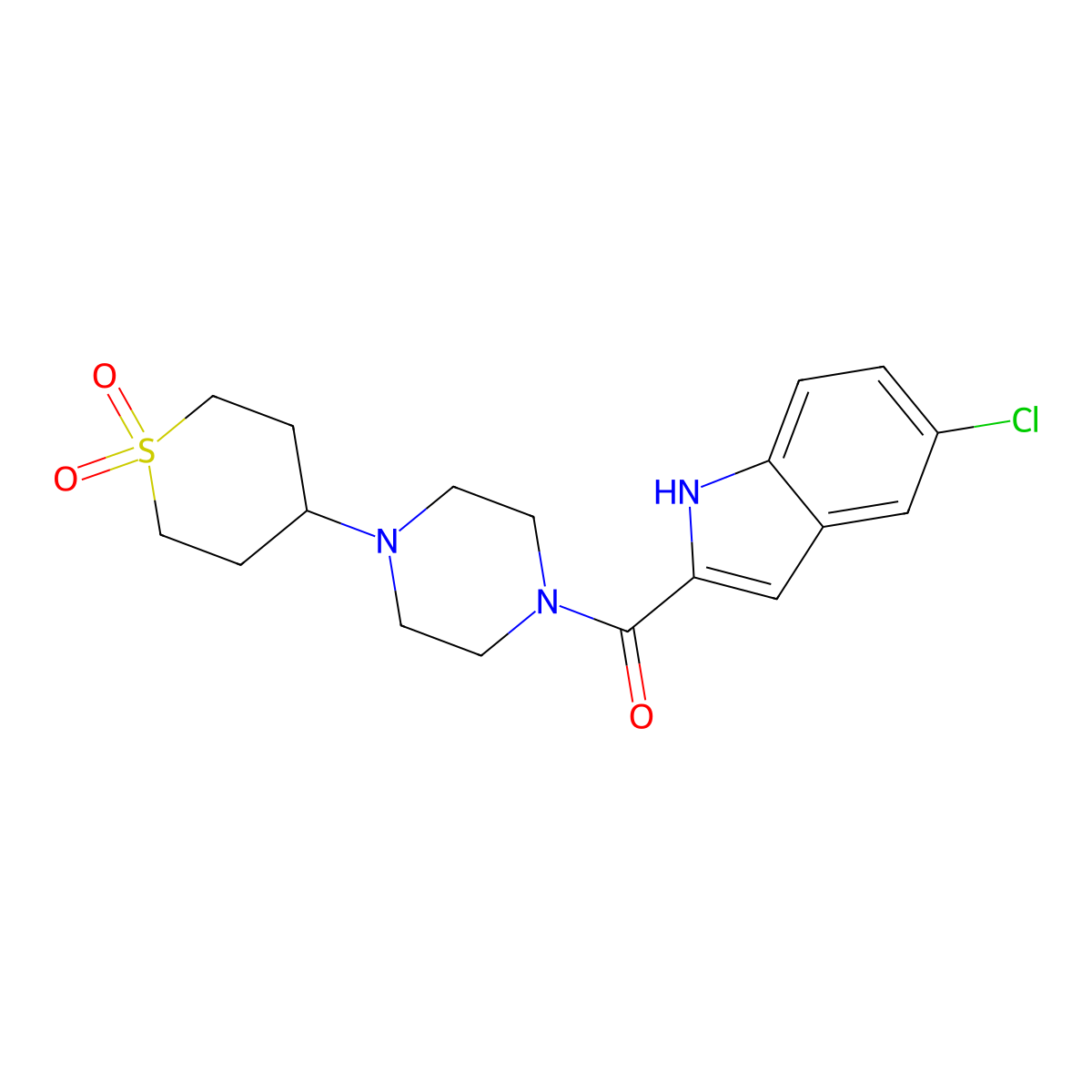 (5-chloro-1H-indol-2-yl)(4-(1,1-dioxidotetrahydro-2H-thiopyran-4-yl)piperazin-1-yl)methanone molecular structure, CAS 2034419-67-3