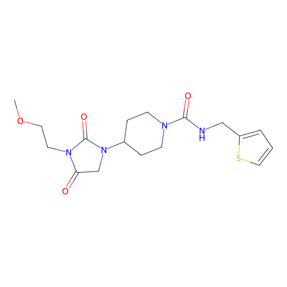 4-(3-(2-methoxyethyl)-2,4-dioxoimidazolidin-1-yl)-N-(thiophen-2-ylmethyl)piperidine-1-carboxamide molecular structure, CAS 2034419-75-3
