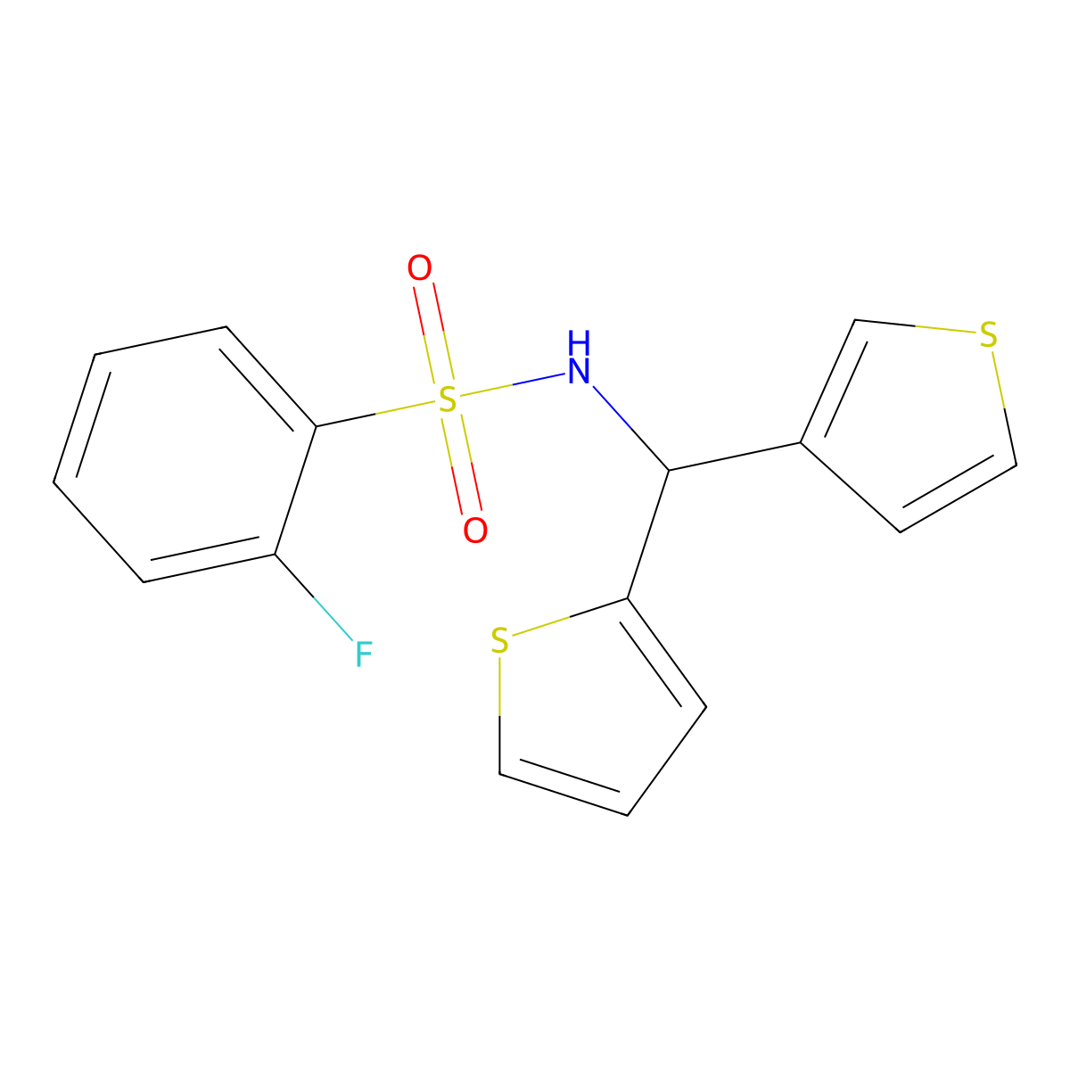 2-fluoro-N-(thiophen-2-yl(thiophen-3-yl)methyl)benzenesulfonamide molecular structure, CAS 2034419-79-7