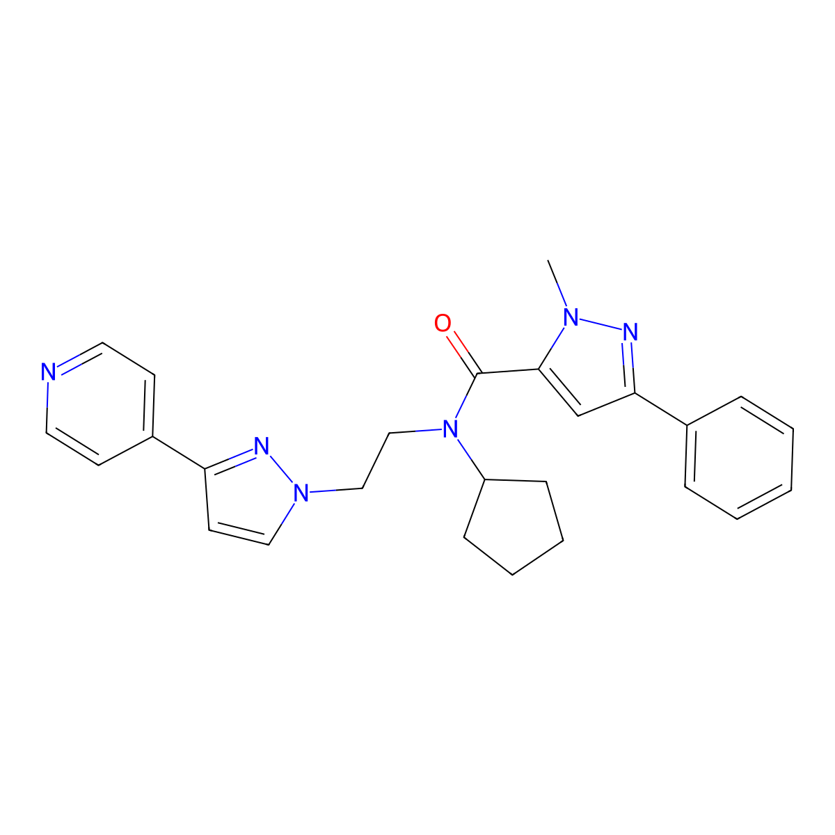N-cyclopentyl-1-methyl-3-phenyl-N-(2-(3-(pyridin-4-yl)-1H-pyrazol-1-yl)ethyl)-1H-pyrazole-5-carboxamide molecular structure, CAS 2034419-84-4