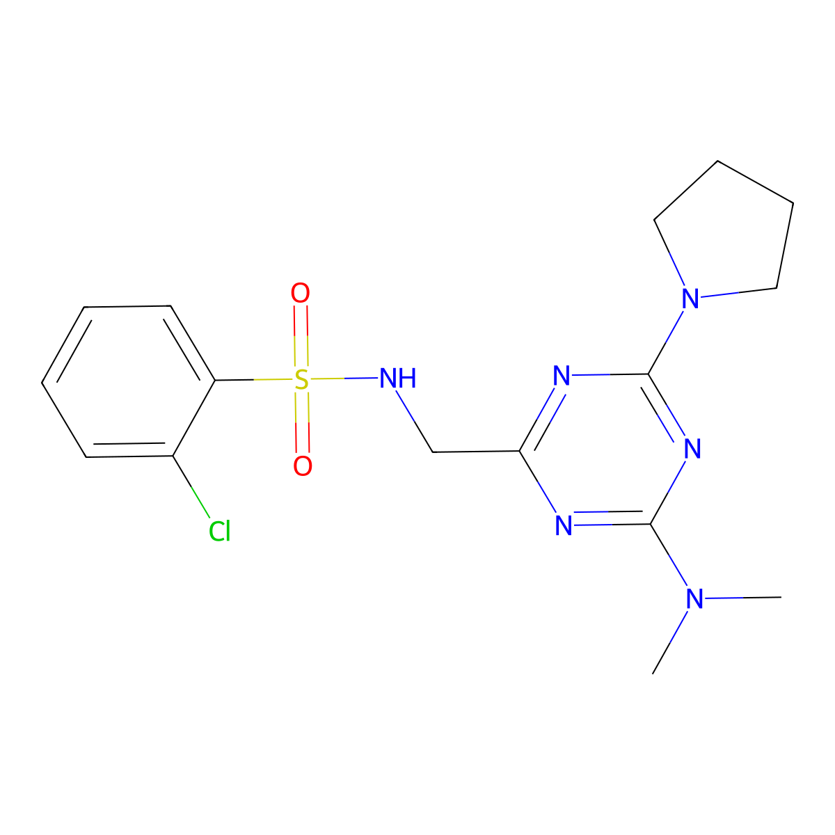 2-chloro-N-((4-(dimethylamino)-6-(pyrrolidin-1-yl)-1,3,5-triazin-2-yl)methyl)benzenesulfonamide molecular structure, CAS 2034419-85-5