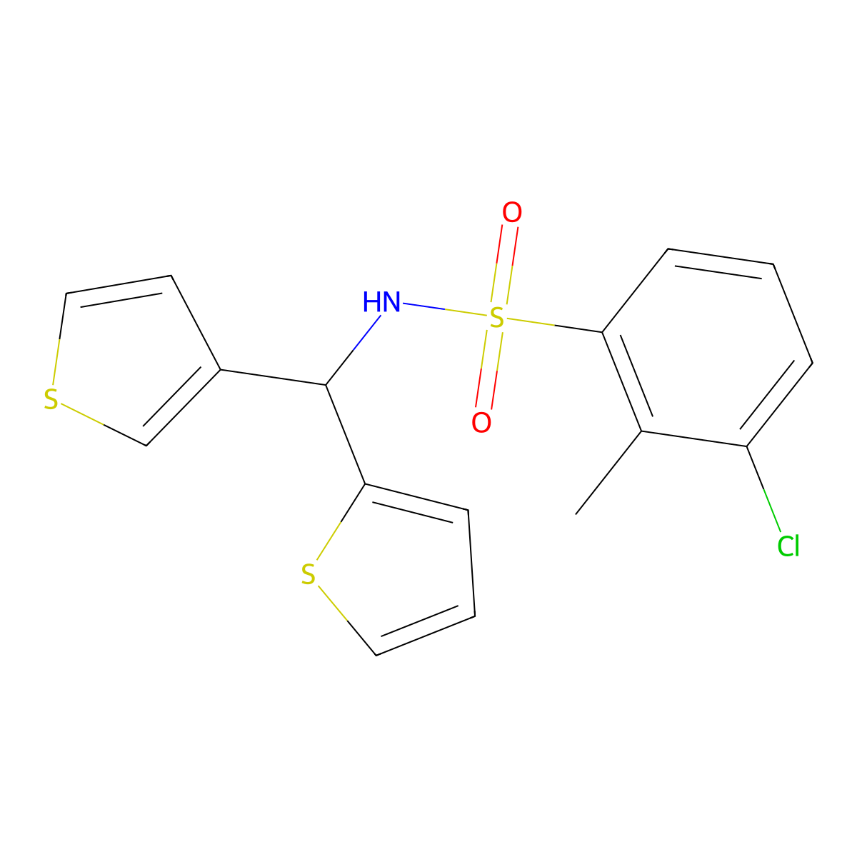 3-chloro-2-methyl-N-(thiophen-2-yl(thiophen-3-yl)methyl)benzenesulfonamide molecular structure, CAS 2034419-88-8