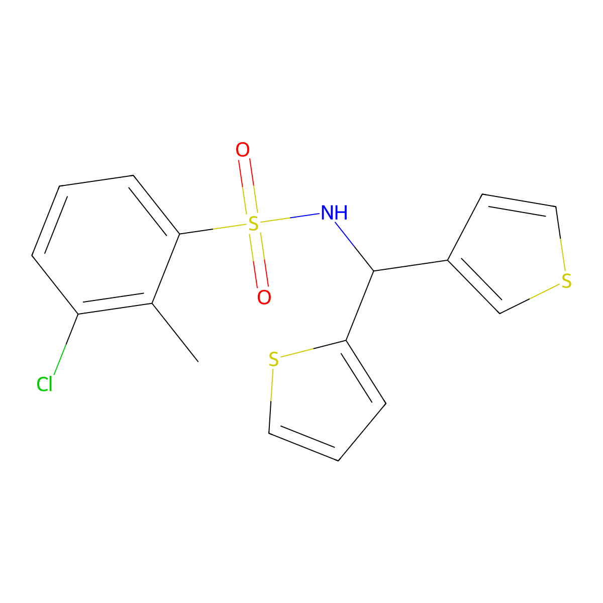 3-chloro-2-methyl-N-(thiophen-2-yl(thiophen-3-yl)methyl)benzenesulfonamide molecular structure, CAS 2034419-88-8