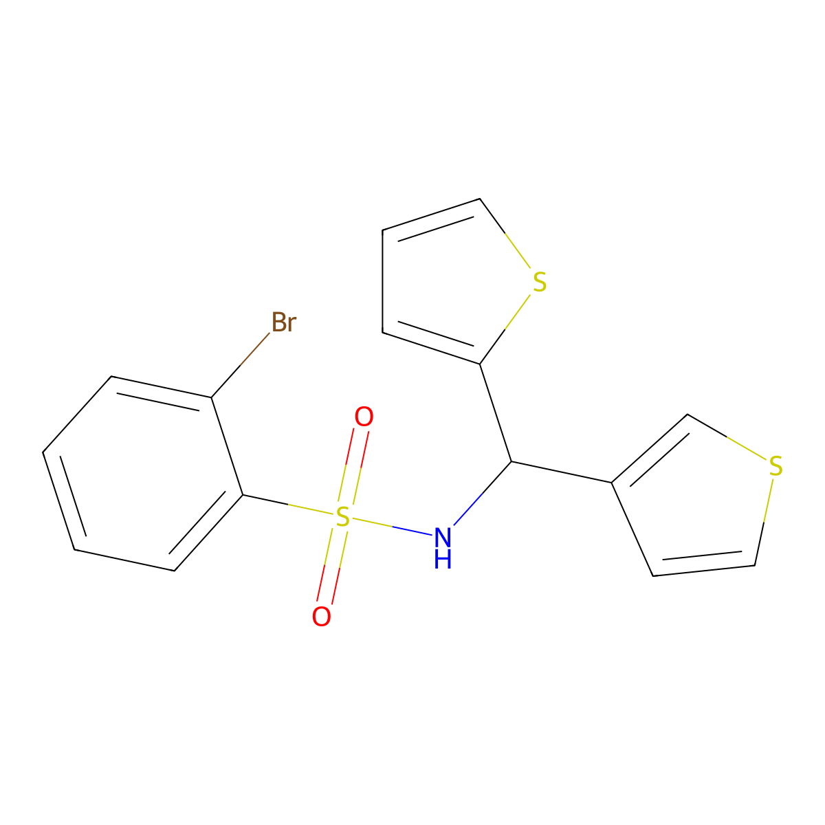 2-bromo-N-(thiophen-2-yl(thiophen-3-yl)methyl)benzenesulfonamide molecular structure, CAS 2034420-04-5