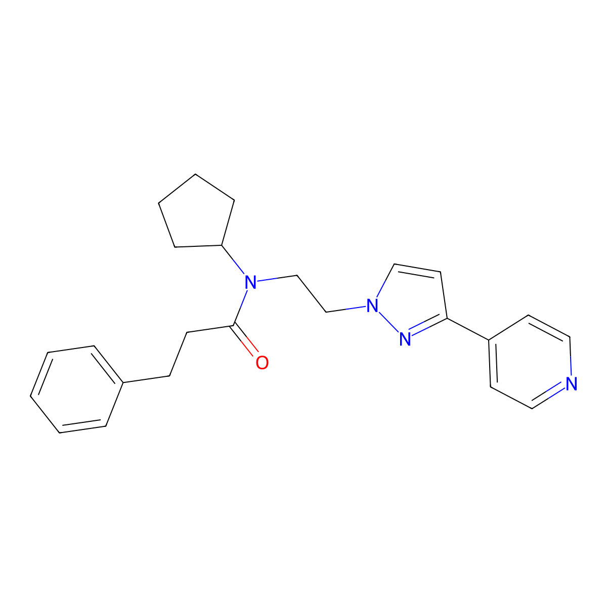 N-cyclopentyl-3-phenyl-N-(2-(3-(pyridin-4-yl)-1H-pyrazol-1-yl)ethyl)propanamide molecular structure, CAS 2034420-09-0