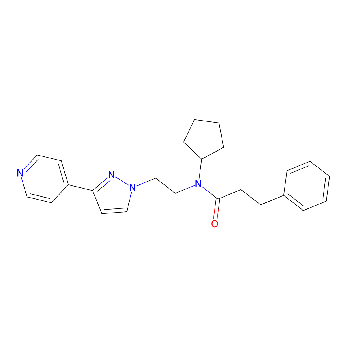 N-cyclopentyl-3-phenyl-N-(2-(3-(pyridin-4-yl)-1H-pyrazol-1-yl)ethyl)propanamide molecular structure, CAS 2034420-09-0