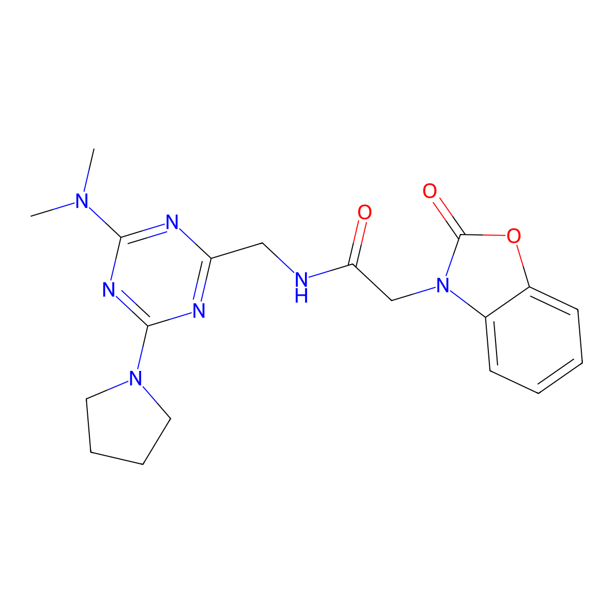 N-((4-(dimethylamino)-6-(pyrrolidin-1-yl)-1,3,5-triazin-2-yl)methyl)-2-(2-oxobenzo[d]oxazol-3(2H)-yl)acetamide molecular structure, CAS 2034420-14-7