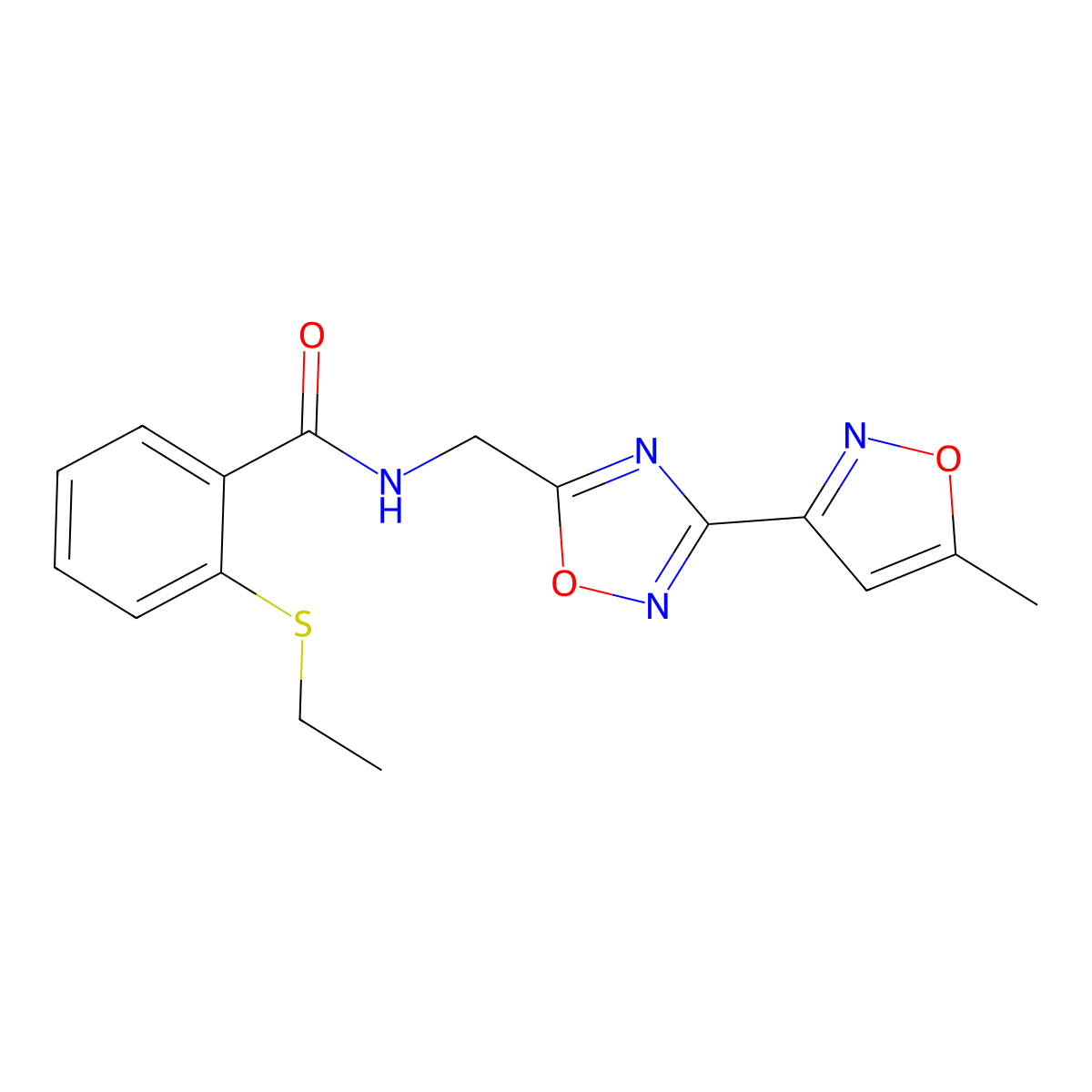 2-(ethylthio)-N-((3-(5-methylisoxazol-3-yl)-1,2,4-oxadiazol-5-yl)methyl)benzamide molecular structure, CAS 2034420-16-9
