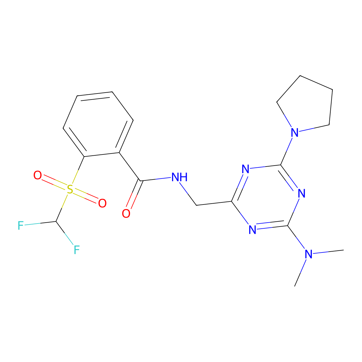 2-((difluoromethyl)sulfonyl)-N-((4-(dimethylamino)-6-(pyrrolidin-1-yl)-1,3,5-triazin-2-yl)methyl)benzamide molecular structure, CAS 2034420-19-2