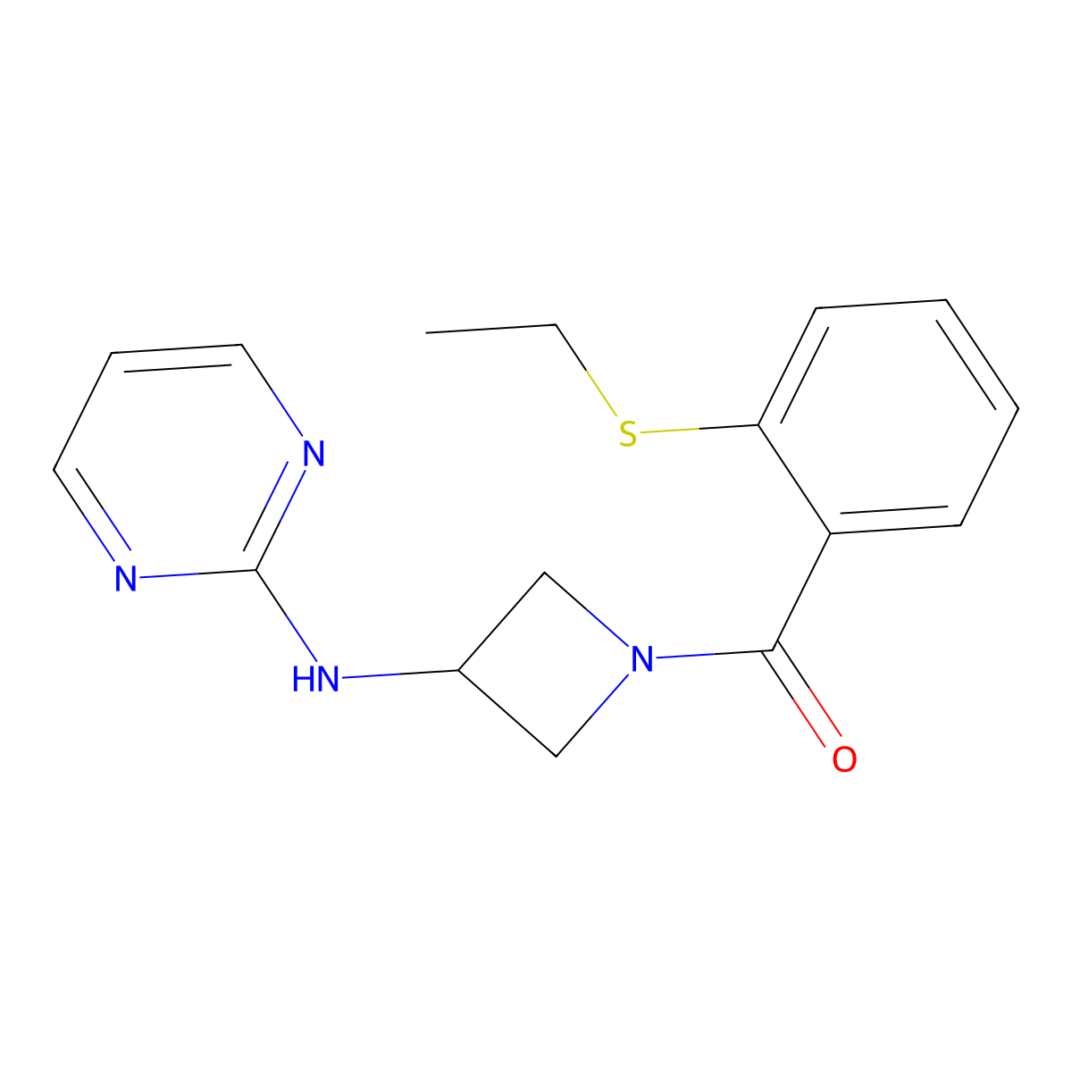 (2-(Ethylthio)phenyl)(3-(pyrimidin-2-ylamino)azetidin-1-yl)methanone molecular structure, CAS 2034420-22-7