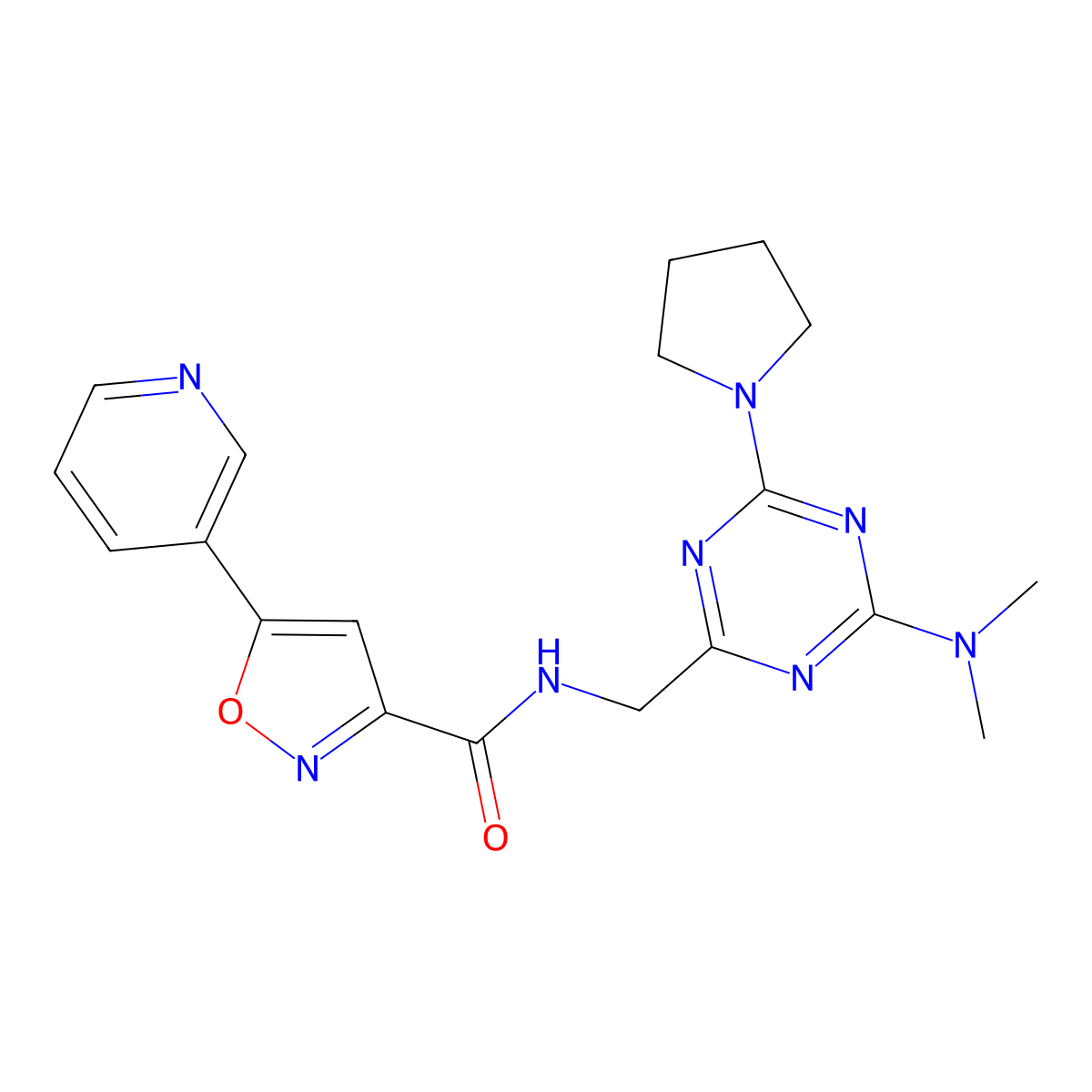 N-((4-(dimethylamino)-6-(pyrrolidin-1-yl)-1,3,5-triazin-2-yl)methyl)-5-(pyridin-3-yl)isoxazole-3-carboxamide molecular structure, CAS 2034420-36-3