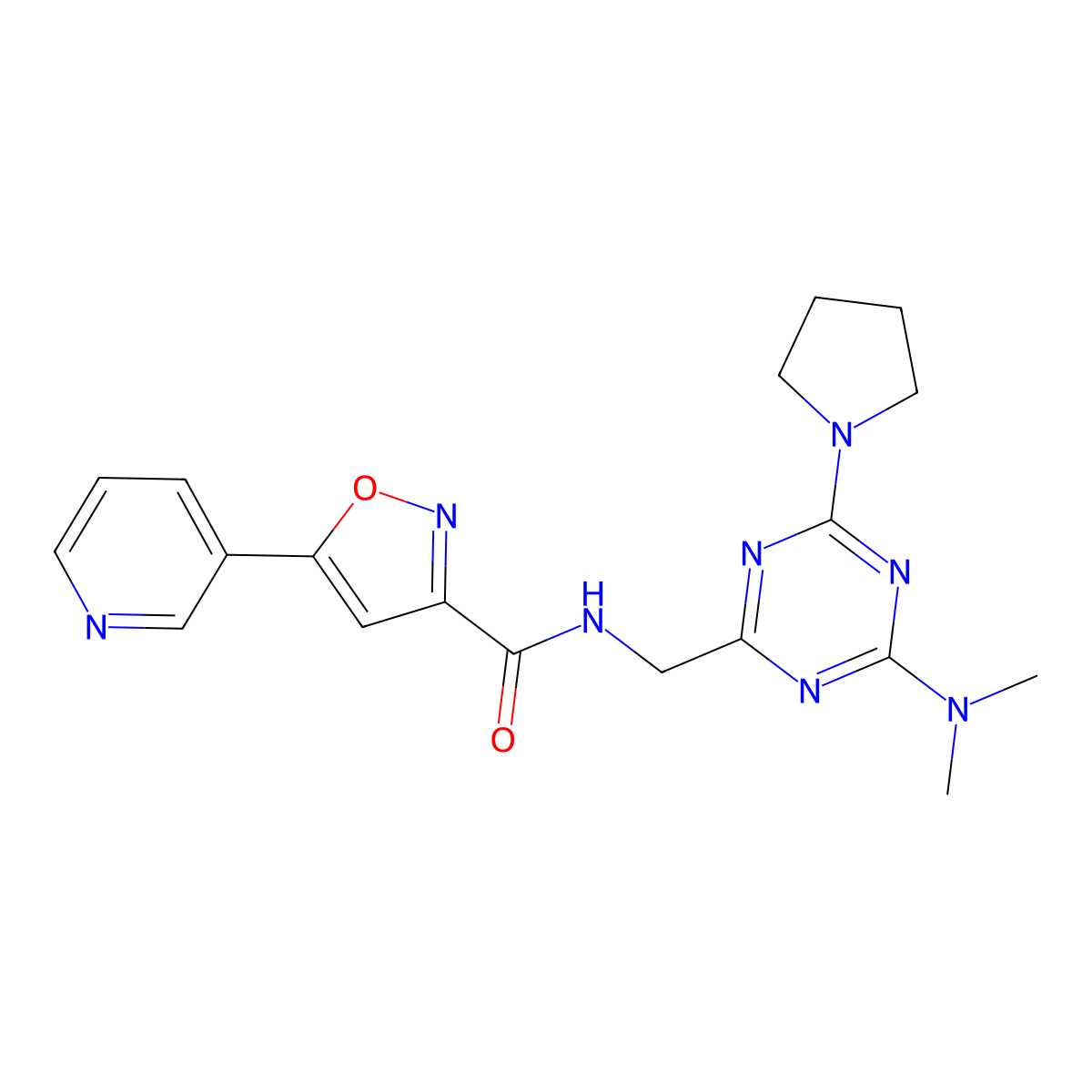 N-((4-(dimethylamino)-6-(pyrrolidin-1-yl)-1,3,5-triazin-2-yl)methyl)-5-(pyridin-3-yl)isoxazole-3-carboxamide molecular structure, CAS 2034420-36-3