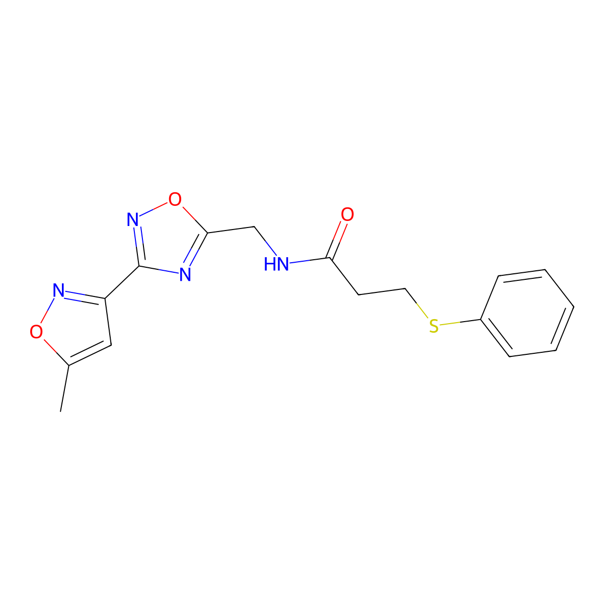 N-((3-(5-methylisoxazol-3-yl)-1,2,4-oxadiazol-5-yl)methyl)-3-(phenylthio)propanamide molecular structure, CAS 2034420-38-5