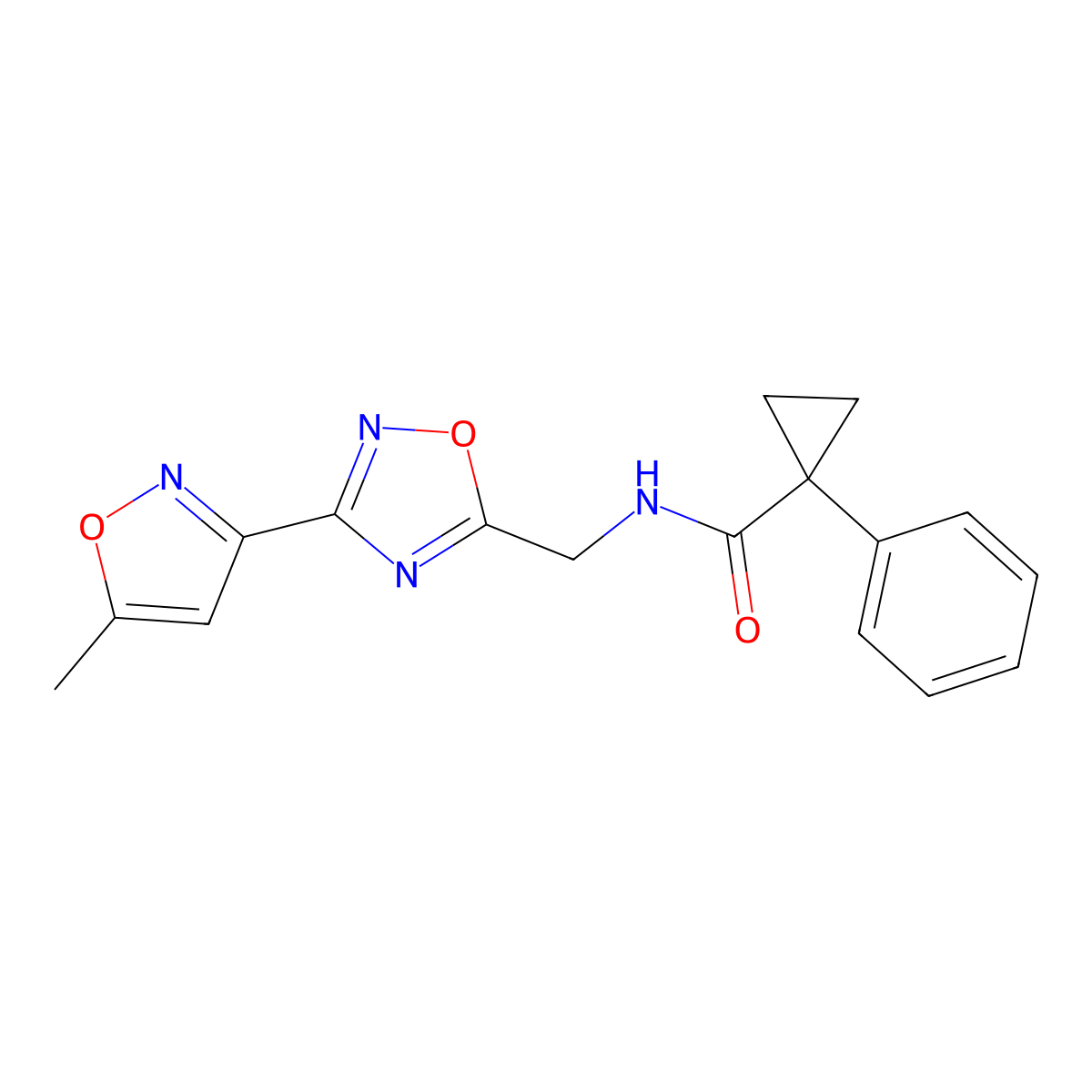 N-((3-(5-methylisoxazol-3-yl)-1,2,4-oxadiazol-5-yl)methyl)-1-phenylcyclopropanecarboxamide molecular structure, CAS 2034420-42-1