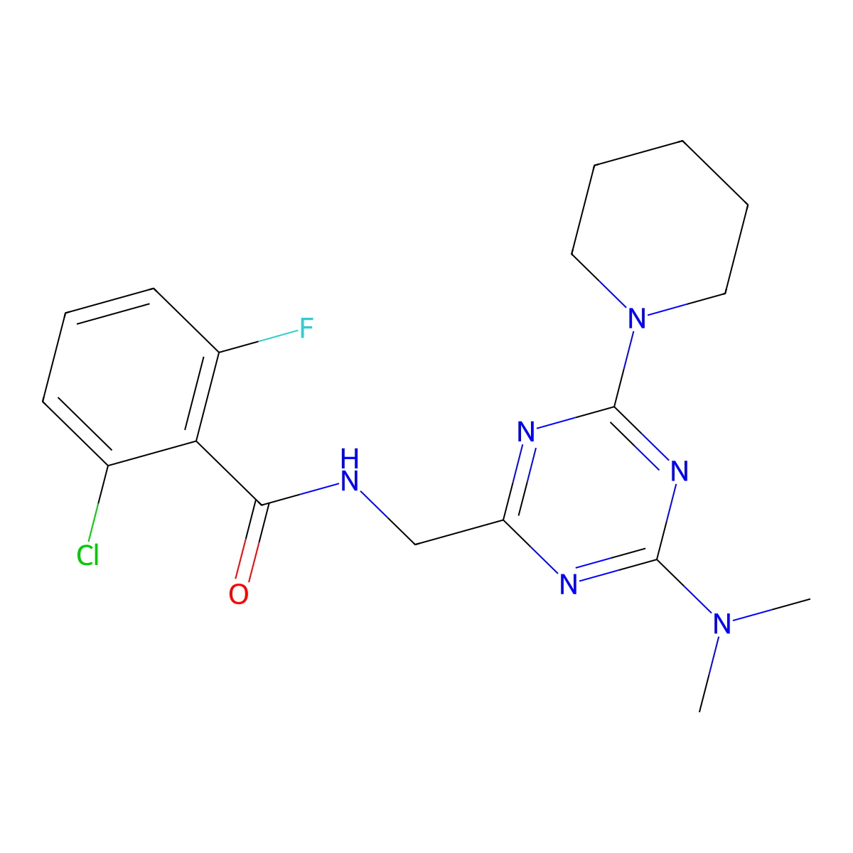 2-chloro-N-((4-(dimethylamino)-6-(piperidin-1-yl)-1,3,5-triazin-2-yl)methyl)-6-fluorobenzamide molecular structure, CAS 2034420-47-6