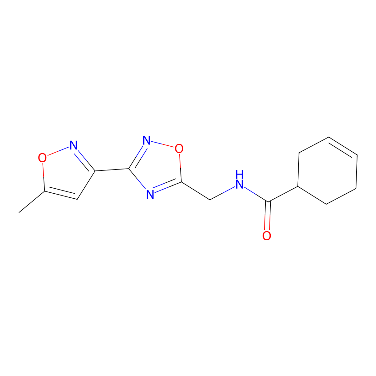 N-((3-(5-methylisoxazol-3-yl)-1,2,4-oxadiazol-5-yl)methyl)cyclohex-3-enecarboxamide molecular structure, CAS 2034420-48-7