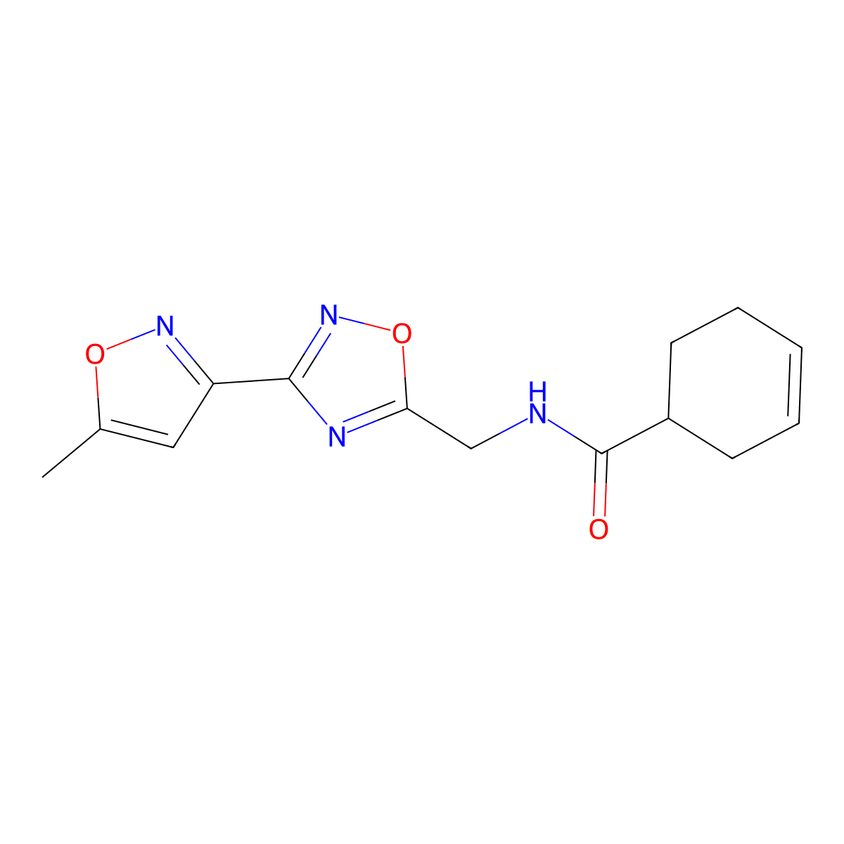 N-((3-(5-methylisoxazol-3-yl)-1,2,4-oxadiazol-5-yl)methyl)cyclohex-3-enecarboxamide molecular structure, CAS 2034420-48-7