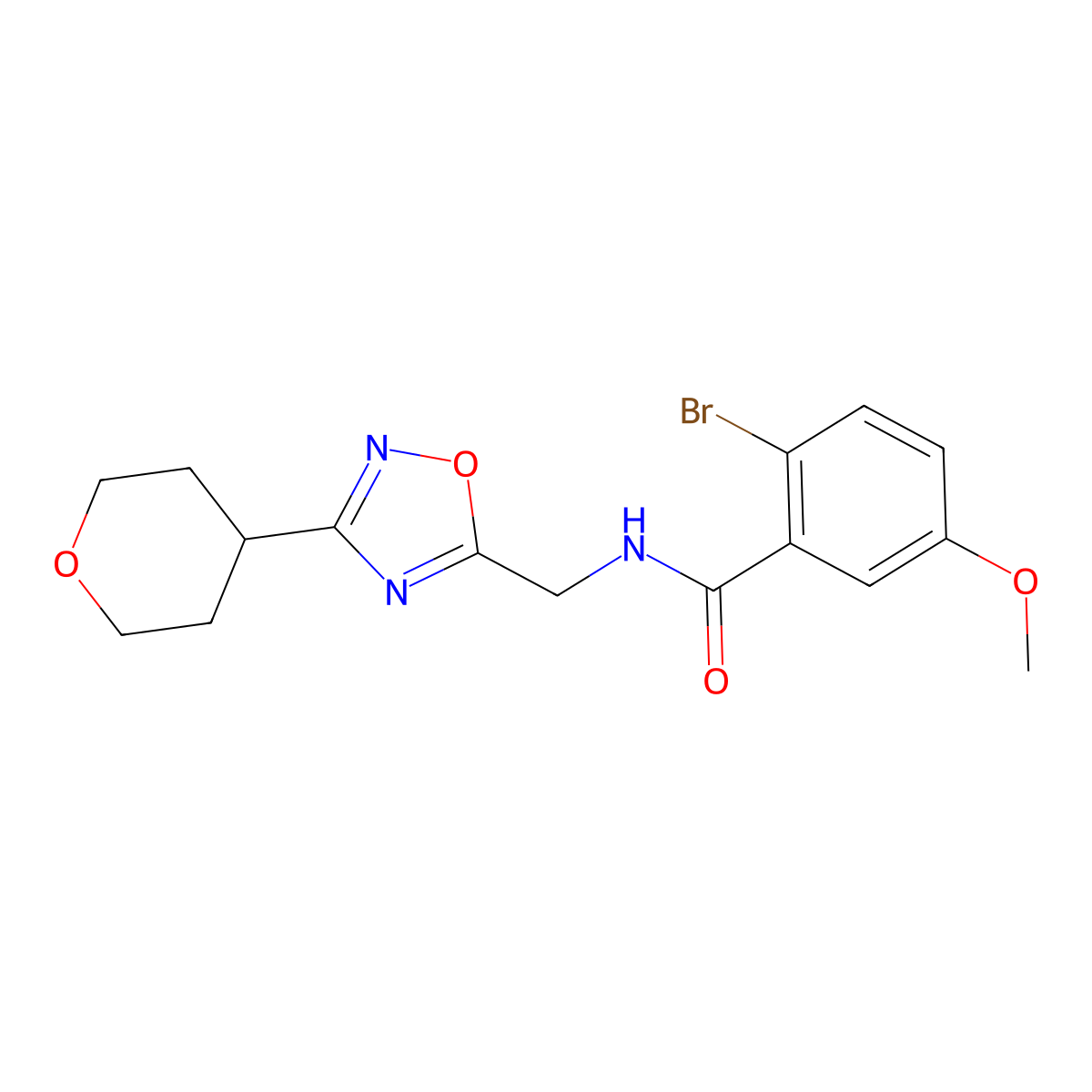 2-bromo-5-methoxy-N-((3-(tetrahydro-2H-pyran-4-yl)-1,2,4-oxadiazol-5-yl)methyl)benzamide molecular structure, CAS 2034420-55-6