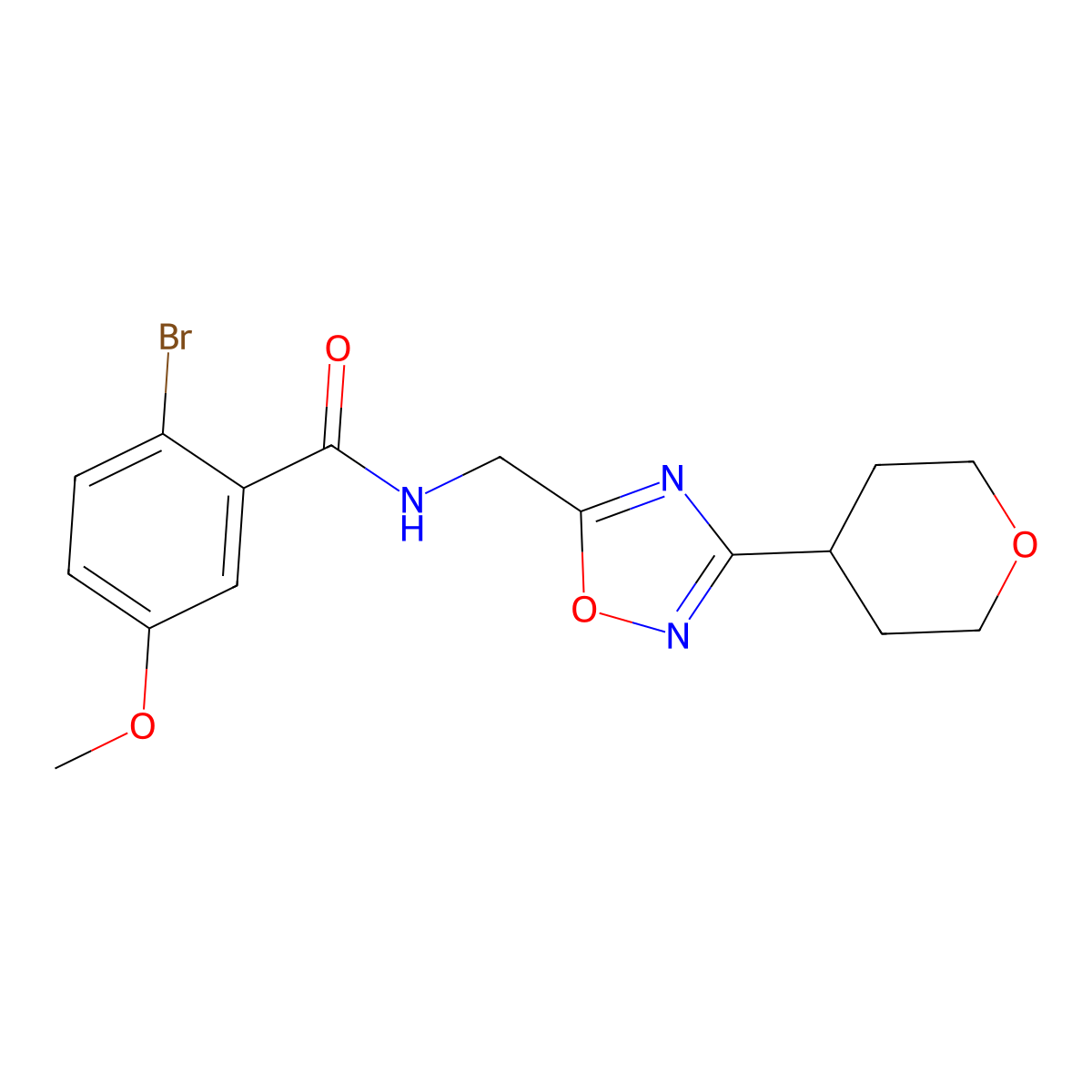 2-bromo-5-methoxy-N-((3-(tetrahydro-2H-pyran-4-yl)-1,2,4-oxadiazol-5-yl)methyl)benzamide molecular structure, CAS 2034420-55-6