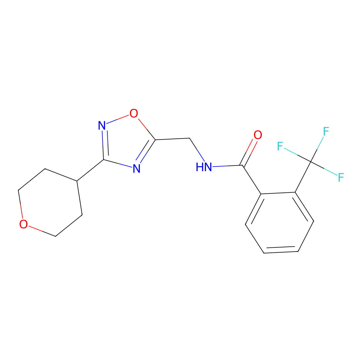 N-((3-(tetrahydro-2H-pyran-4-yl)-1,2,4-oxadiazol-5-yl)methyl)-2-(trifluoromethyl)benzamide molecular structure, CAS 2034420-62-5