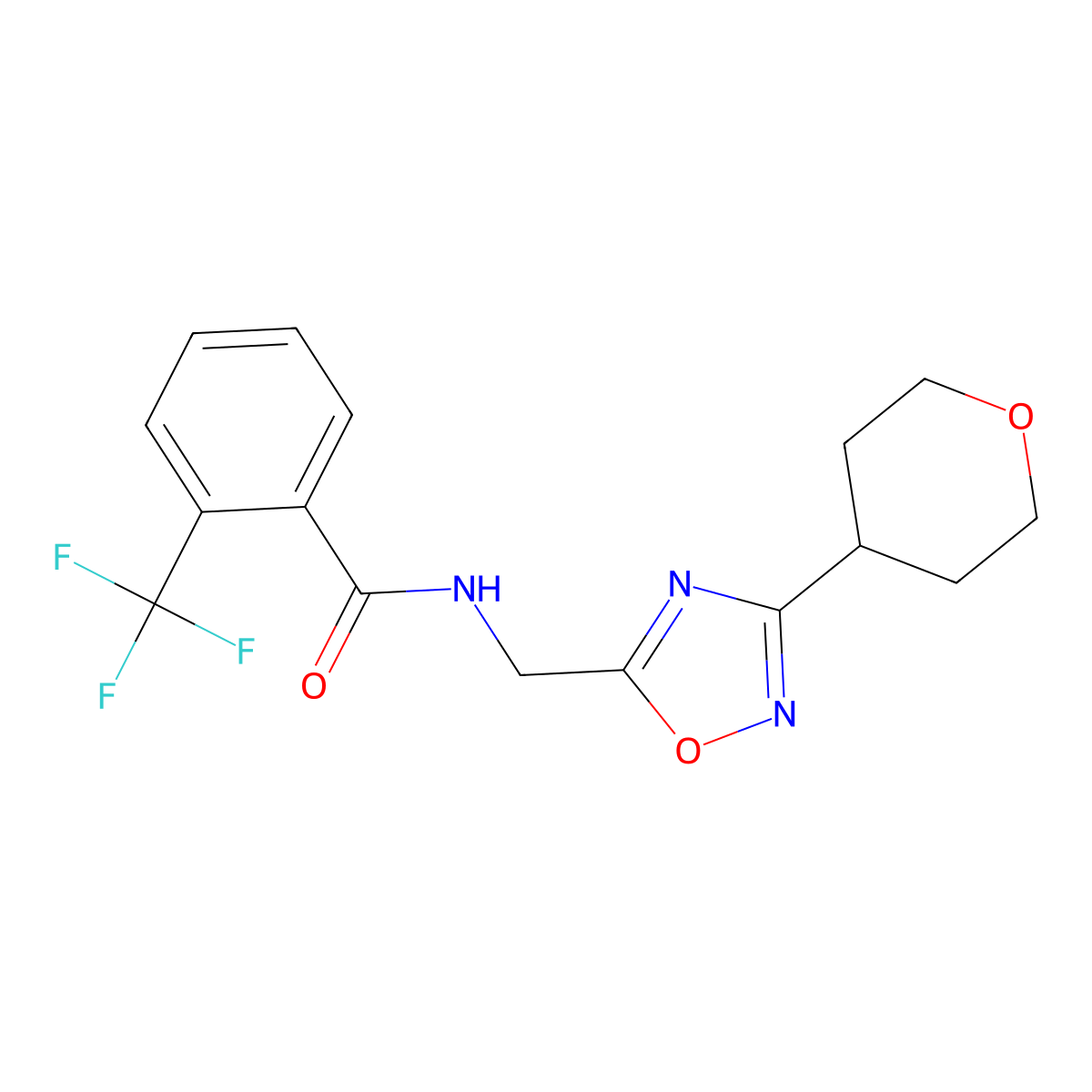 N-((3-(tetrahydro-2H-pyran-4-yl)-1,2,4-oxadiazol-5-yl)methyl)-2-(trifluoromethyl)benzamide molecular structure, CAS 2034420-62-5