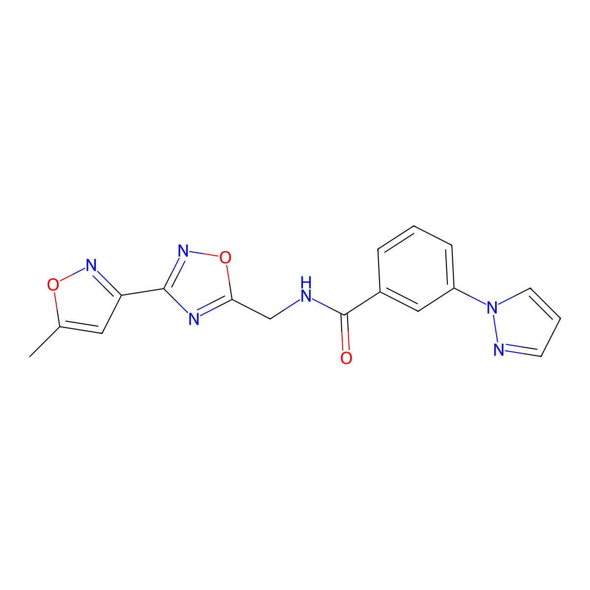 N-((3-(5-methylisoxazol-3-yl)-1,2,4-oxadiazol-5-yl)methyl)-3-(1H-pyrazol-1-yl)benzamide molecular structure, CAS 2034420-64-7