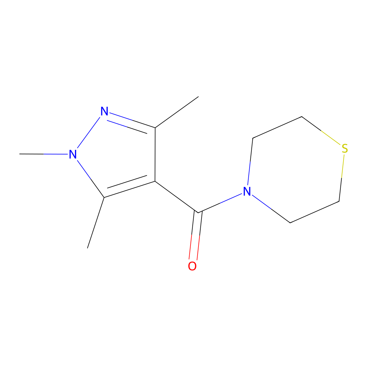 thiomorpholino(1,3,5-trimethyl-1H-pyrazol-4-yl)methanone molecular structure, CAS 2034420-67-0
