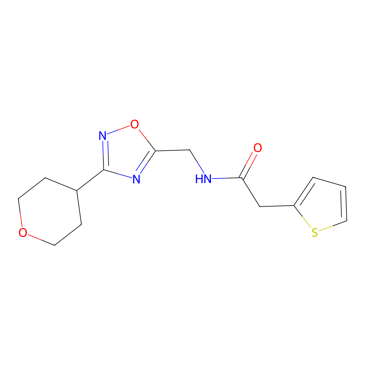N-((3-(tetrahydro-2H-pyran-4-yl)-1,2,4-oxadiazol-5-yl)methyl)-2-(thiophen-2-yl)acetamide molecular structure, CAS 2034420-69-2