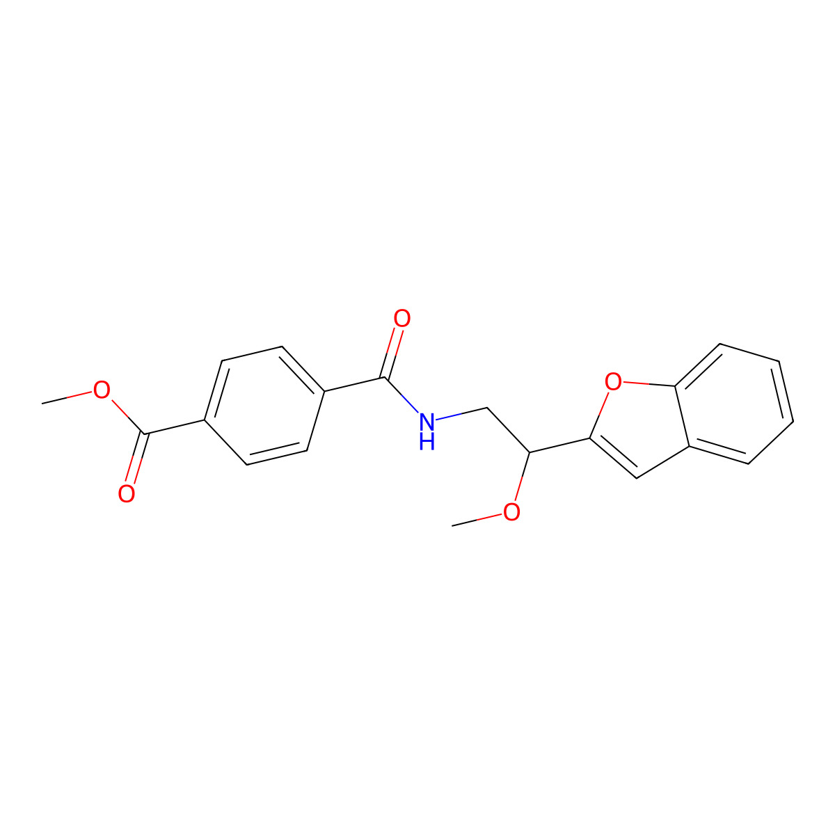 Methyl 4-((2-(benzofuran-2-yl)-2-methoxyethyl)carbamoyl)benzoate molecular structure, CAS 2034420-79-4