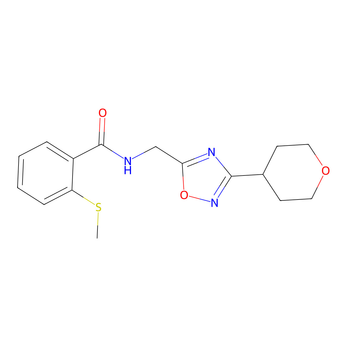 2-(methylthio)-N-((3-(tetrahydro-2H-pyran-4-yl)-1,2,4-oxadiazol-5-yl)methyl)benzamide molecular structure, CAS 2034420-86-3