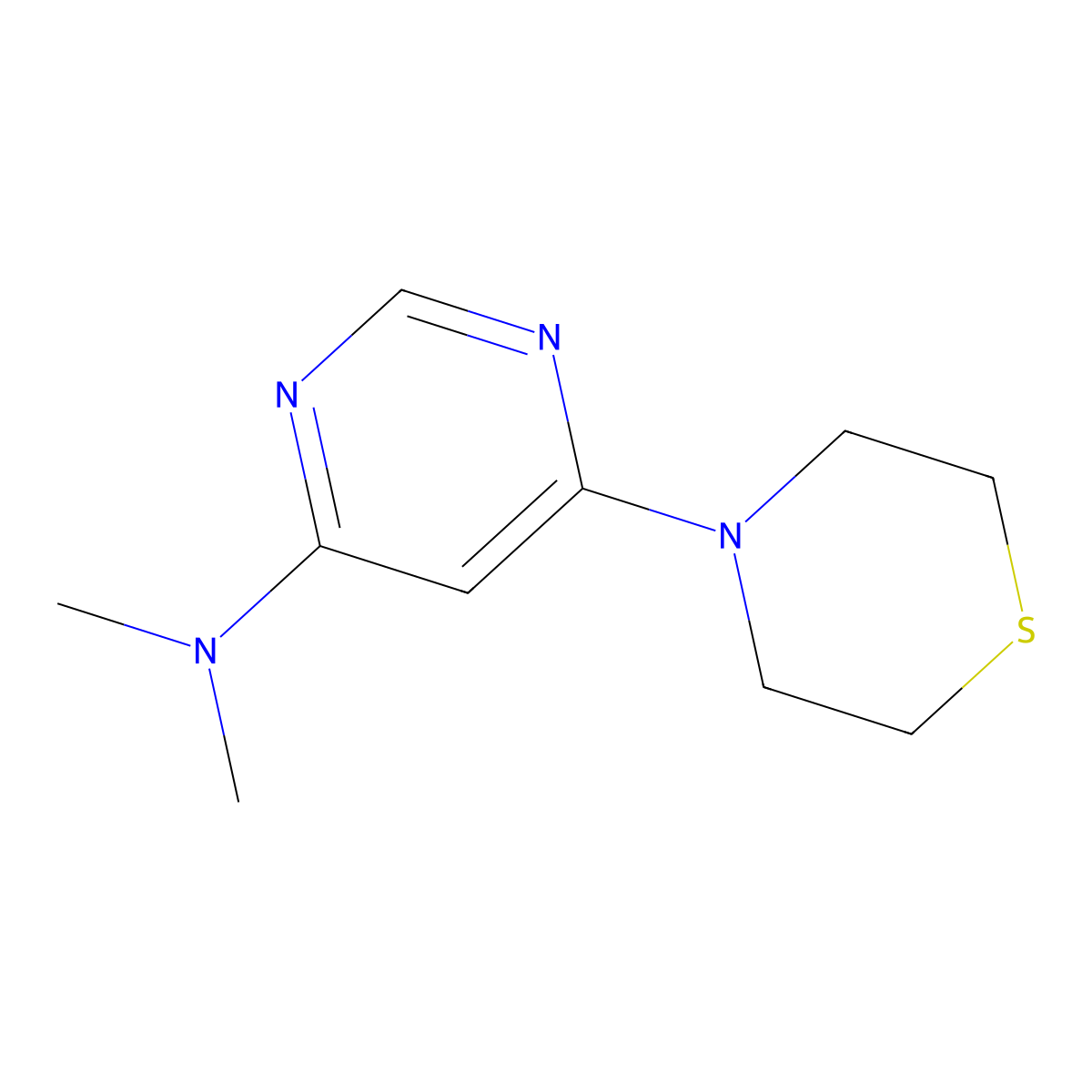 N,N-dimethyl-6-thiomorpholinopyrimidin-4-amine molecular structure, CAS 2034420-87-4