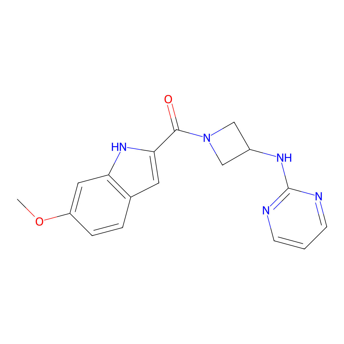 (6-methoxy-1H-indol-2-yl)(3-(pyrimidin-2-ylamino)azetidin-1-yl)methanone molecular structure, CAS 2034420-89-6