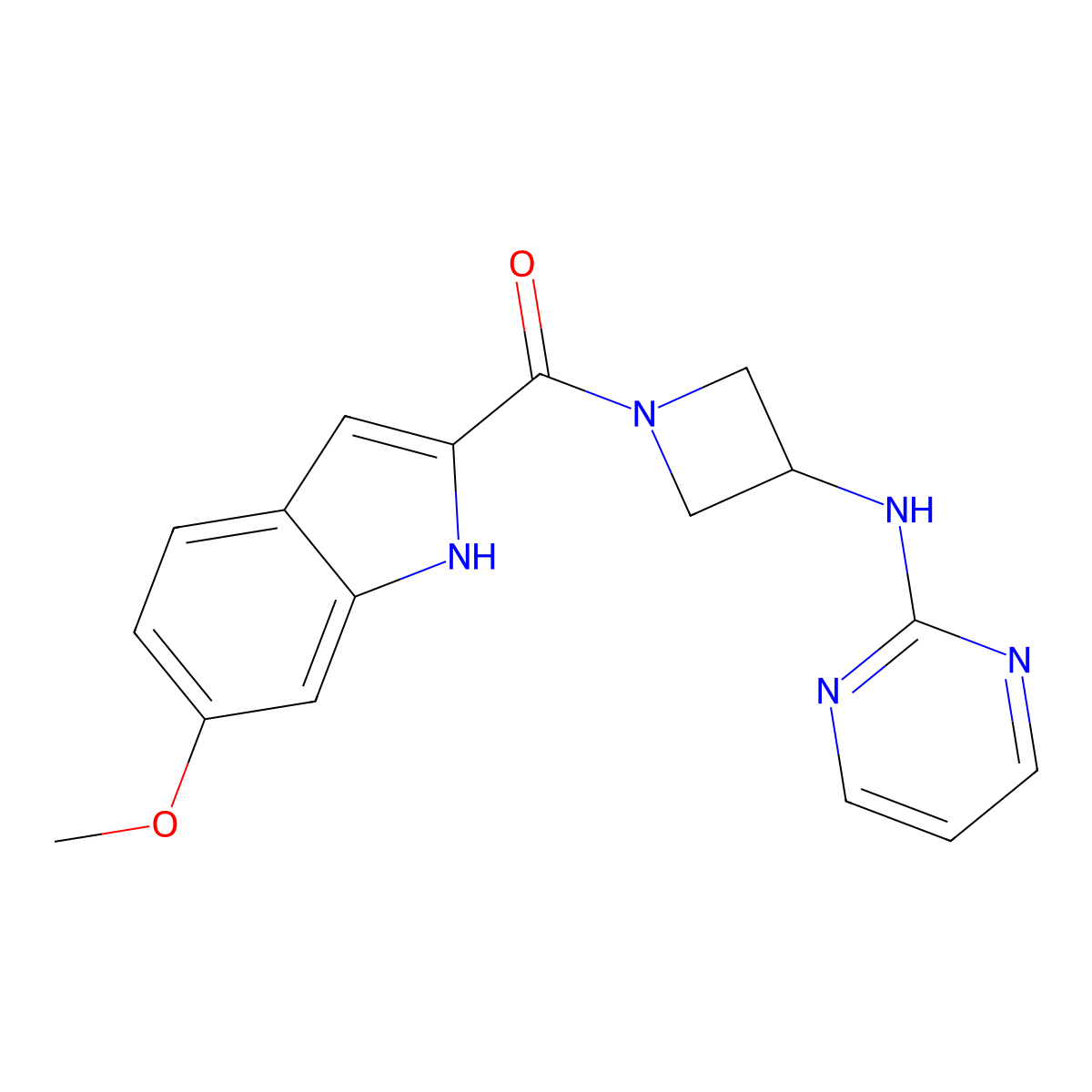 (6-methoxy-1H-indol-2-yl)(3-(pyrimidin-2-ylamino)azetidin-1-yl)methanone molecular structure, CAS 2034420-89-6