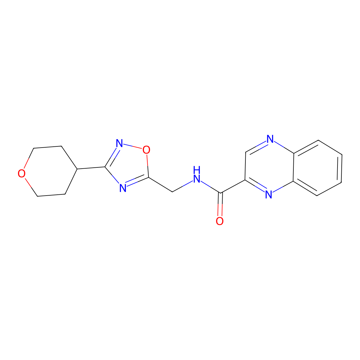 N-((3-(tetrahydro-2H-pyran-4-yl)-1,2,4-oxadiazol-5-yl)methyl)quinoxaline-2-carboxamide molecular structure, CAS 2034420-92-1