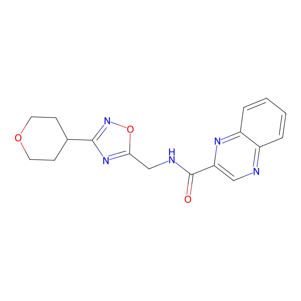N-((3-(tetrahydro-2H-pyran-4-yl)-1,2,4-oxadiazol-5-yl)methyl)quinoxaline-2-carboxamide molecular structure, CAS 2034420-92-1
