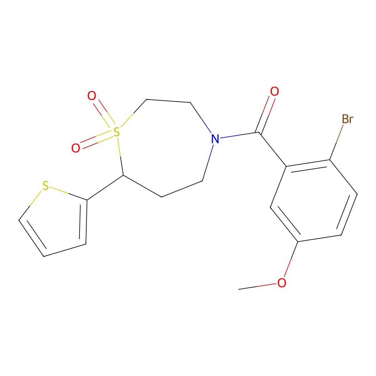 (2-Bromo-5-methoxyphenyl)(1,1-dioxido-7-(thiophen-2-yl)-1,4-thiazepan-4-yl)methanone molecular structure, CAS 2034420-96-5